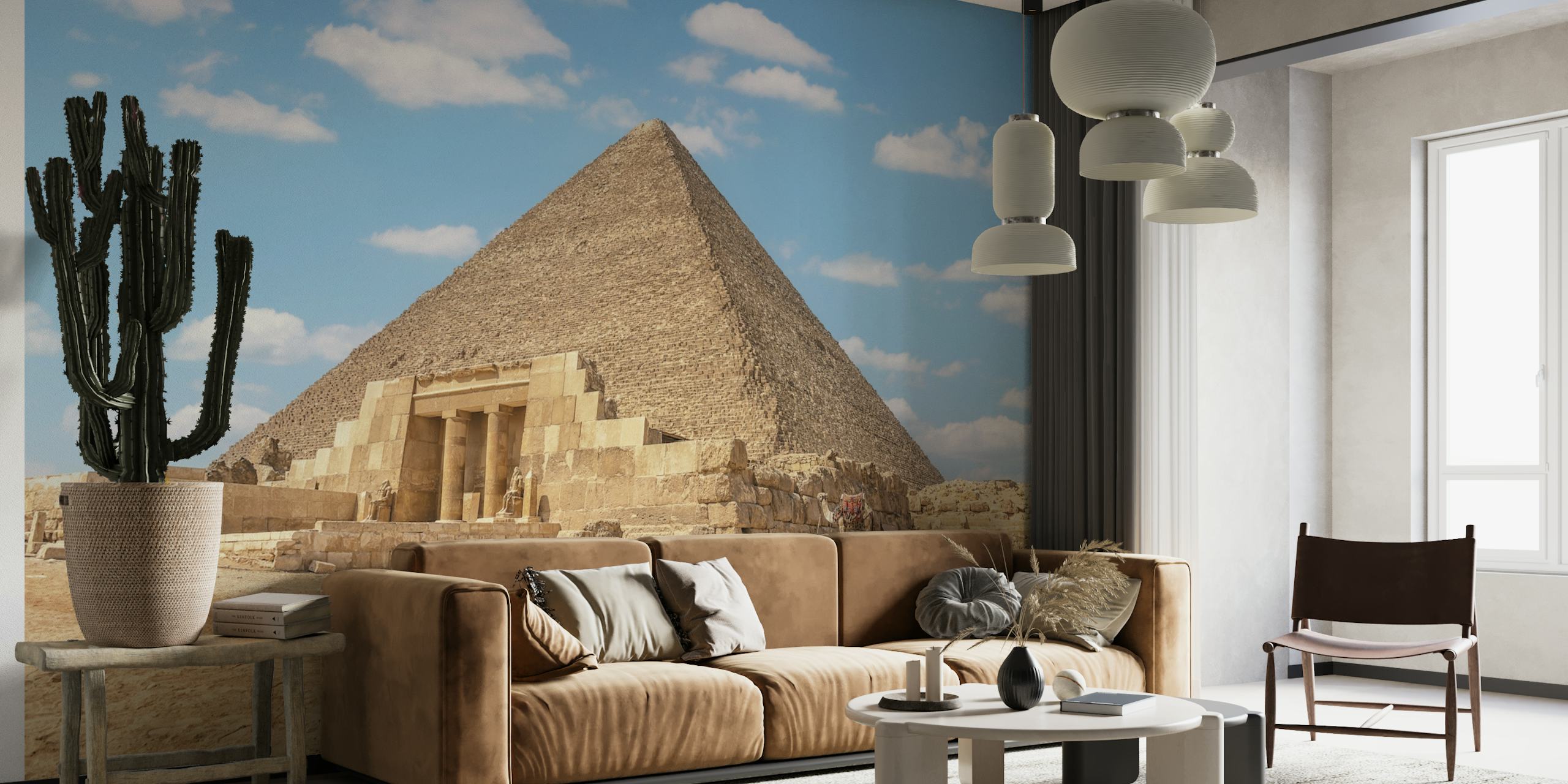 Mural de la Gran Pirámide que representa la antigua pirámide egipcia bajo un cielo despejado en happywall.com