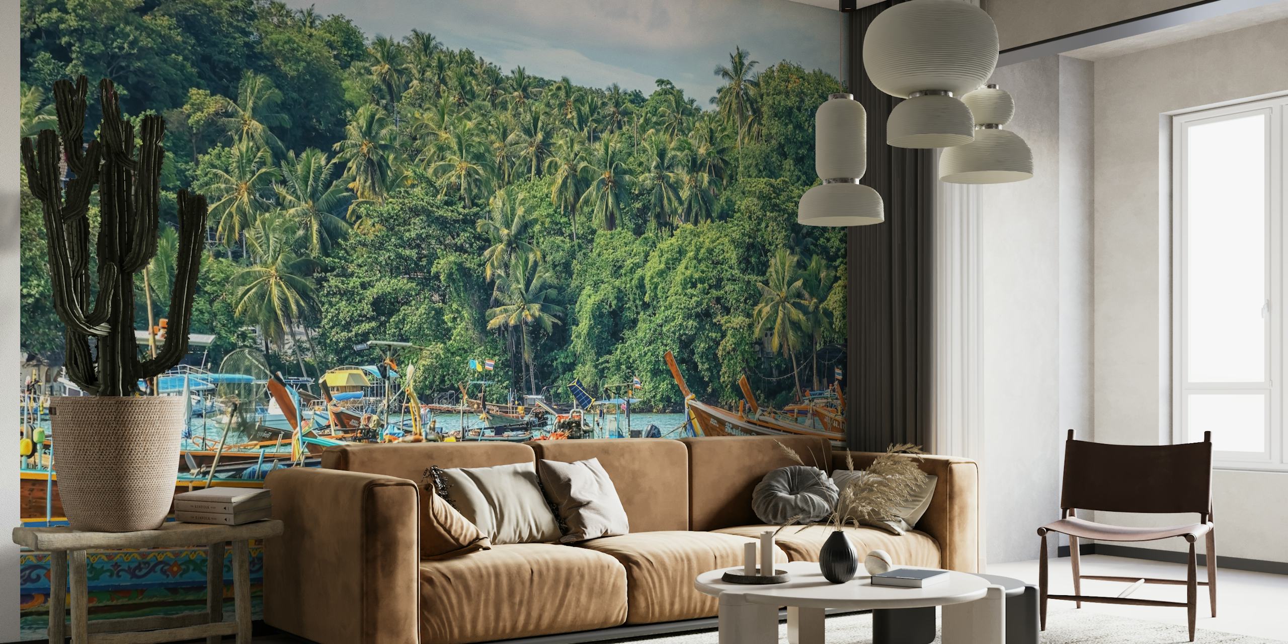 Tropical beach scene with colorful boats and palm trees wallpaper