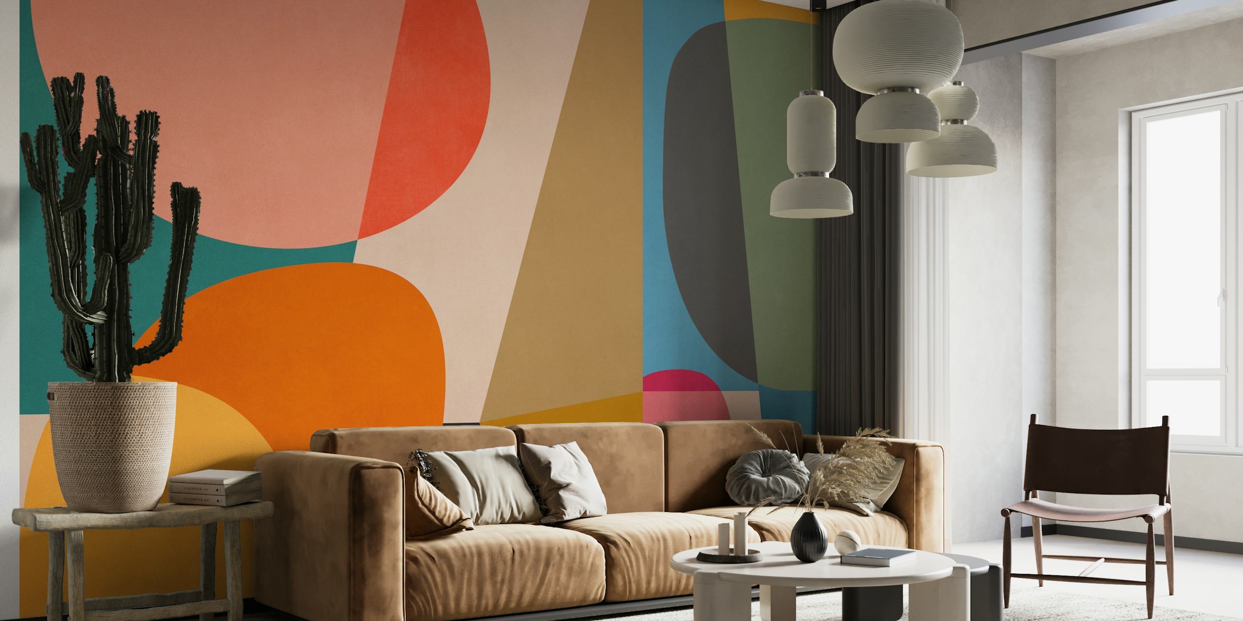 Colorful abstract geometric shapes including orange, teal, pink, and yellow wallpaper