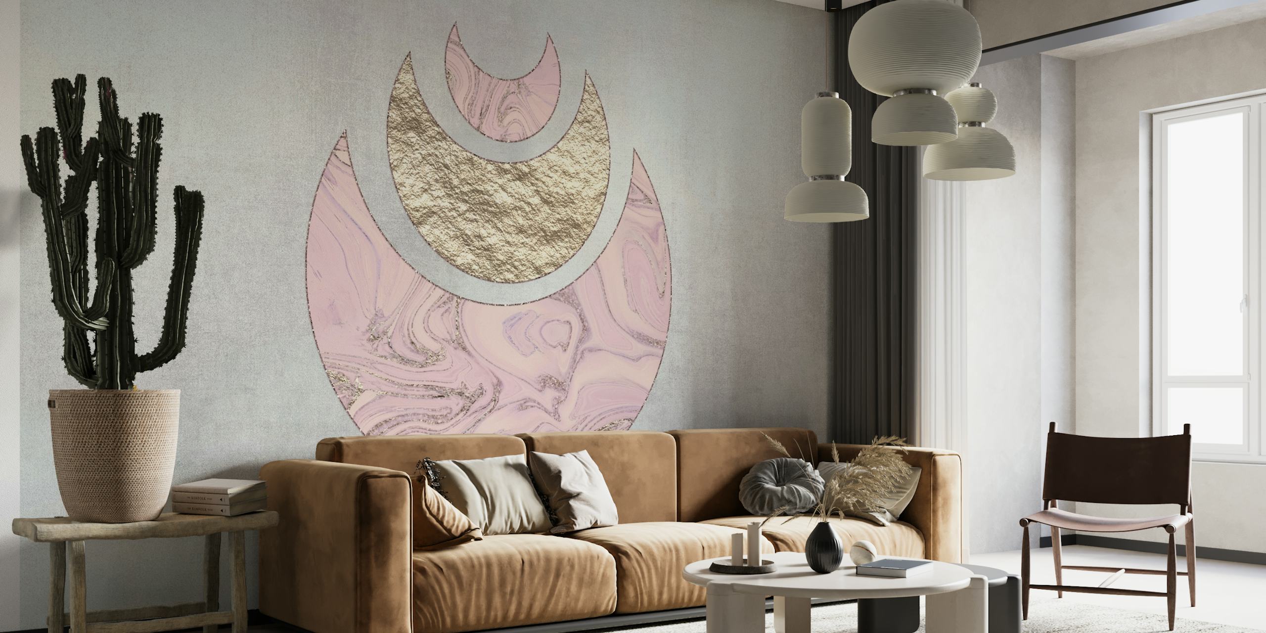 Peinture murale Blush Pink Half Moons avec des accents dorés et crème sur un fond texturé