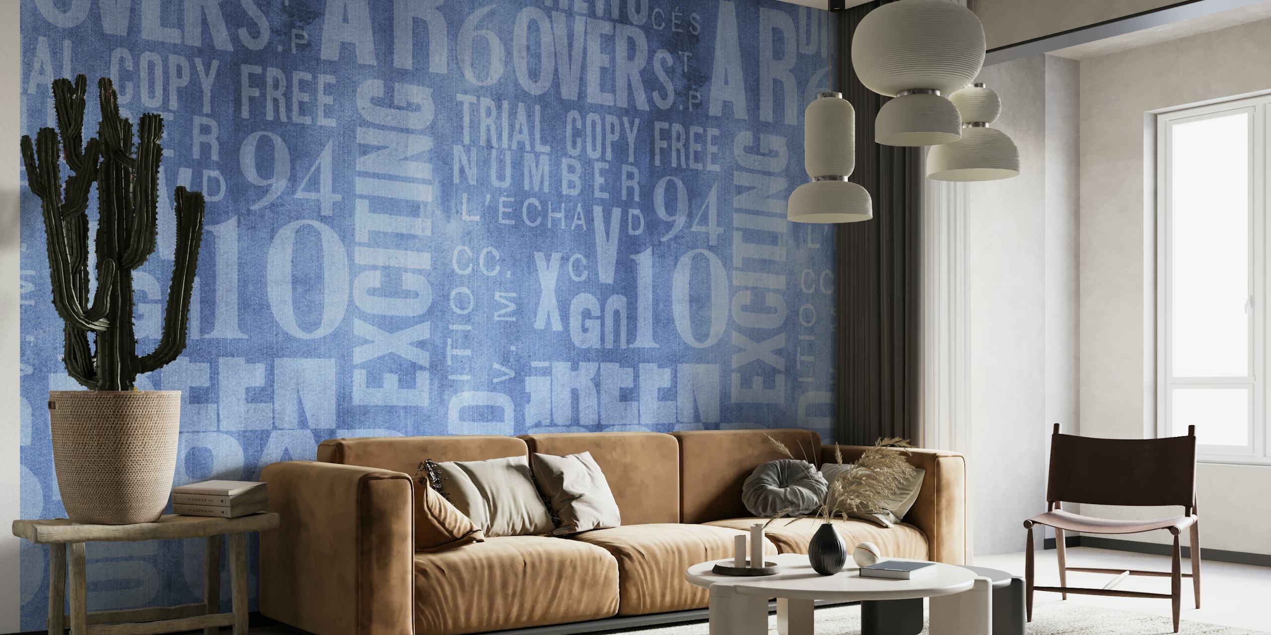 Denim blue wallpaper featuring grunge typography design in white text