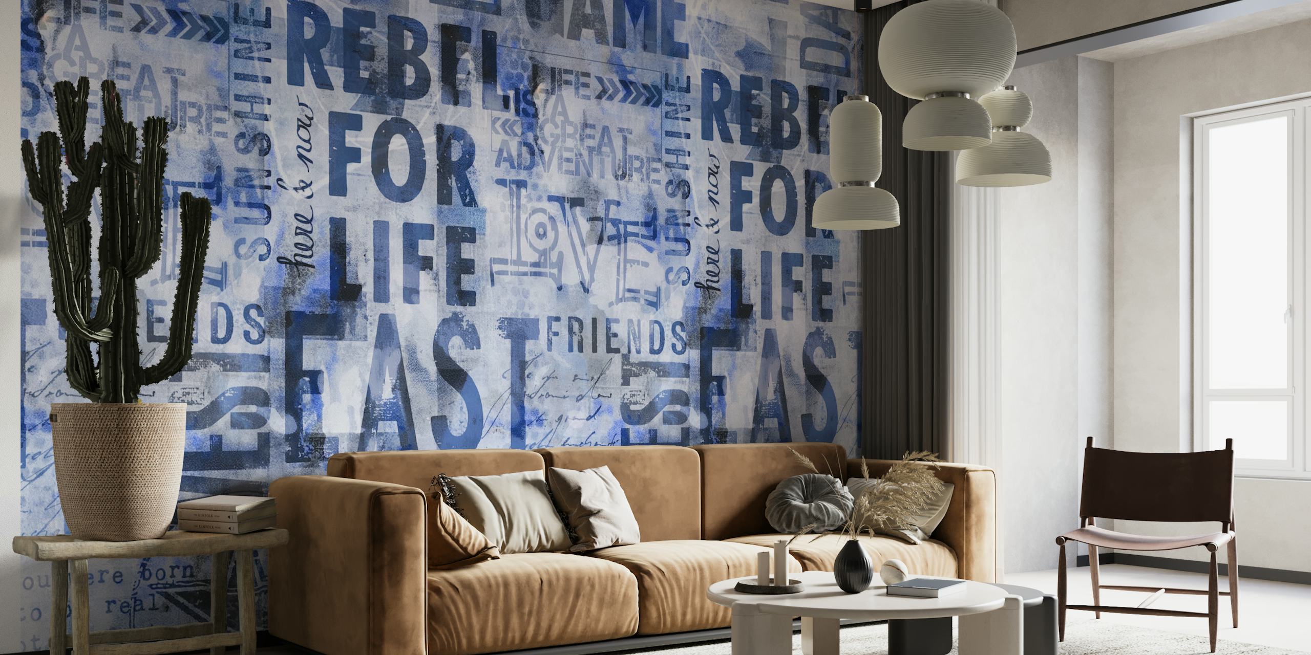 Navy blue grunge typography wallpaper with various text elements