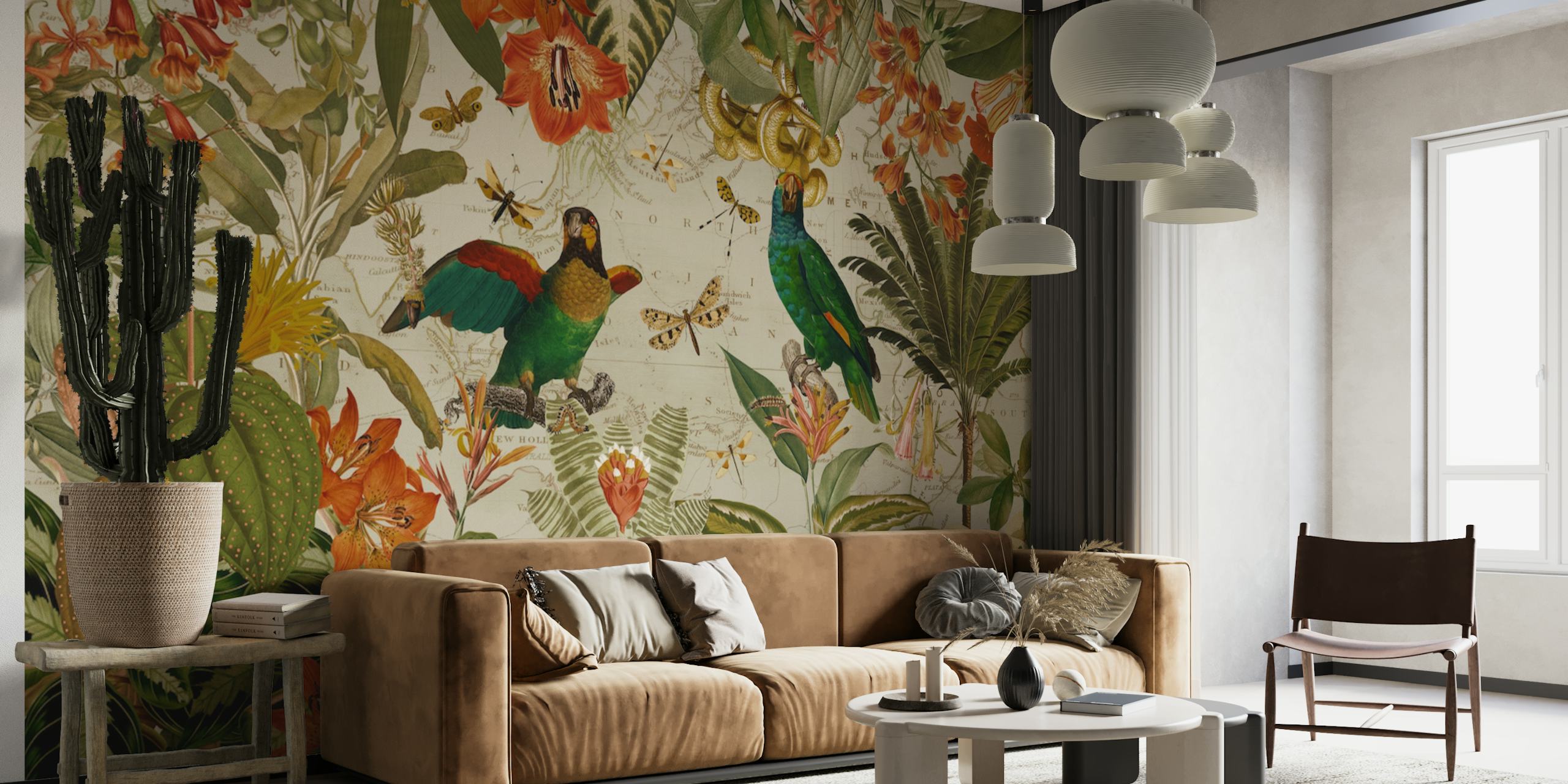 Exotic Vintage Parrots Jungle Landscape carta da parati