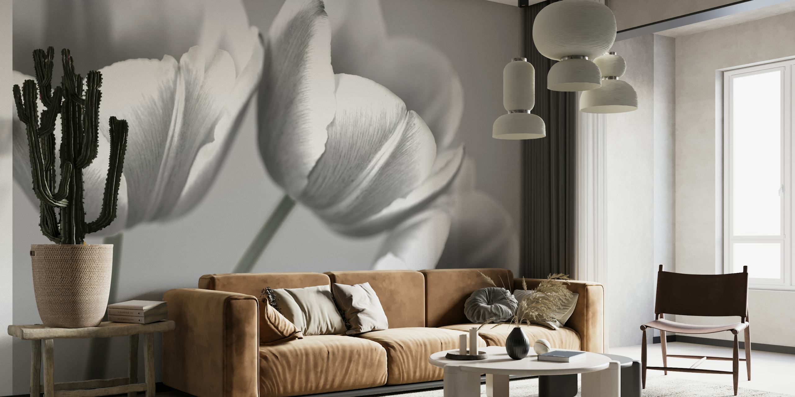 Mural de pared de tulipanes en blanco y negro que representa una sutil elegancia floral