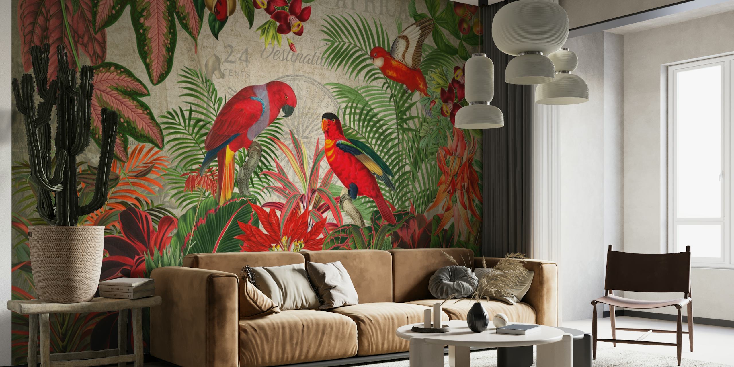 Vintage-style wall mural featuring a rainforest scene with red tropical flowers and colorful parrots.