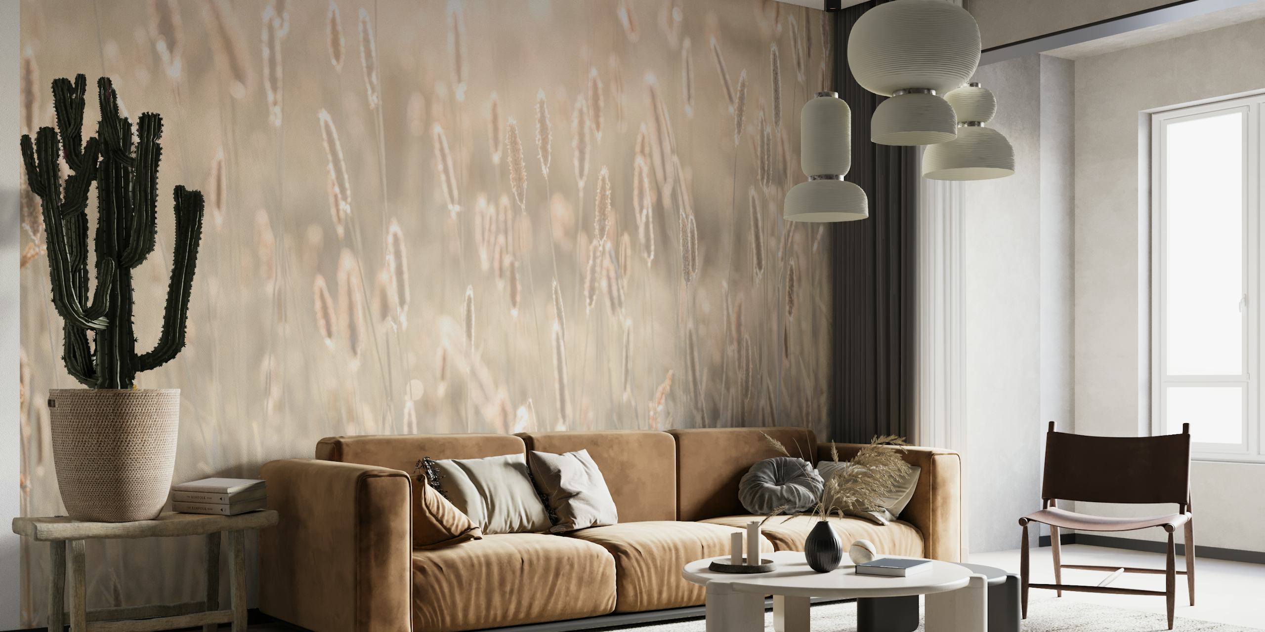 Delicate grass stalks in warm beige tones wallpaper
