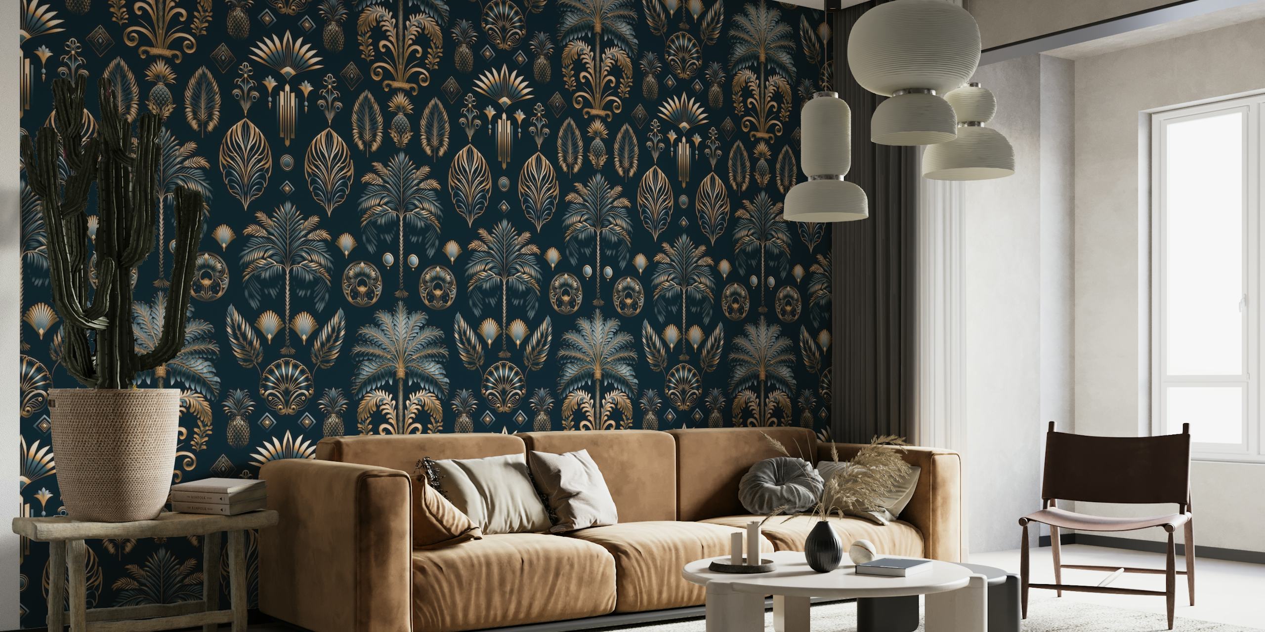 Mural de parede luxuoso com decoração artística com palmeiras e ornamentos elegantes
