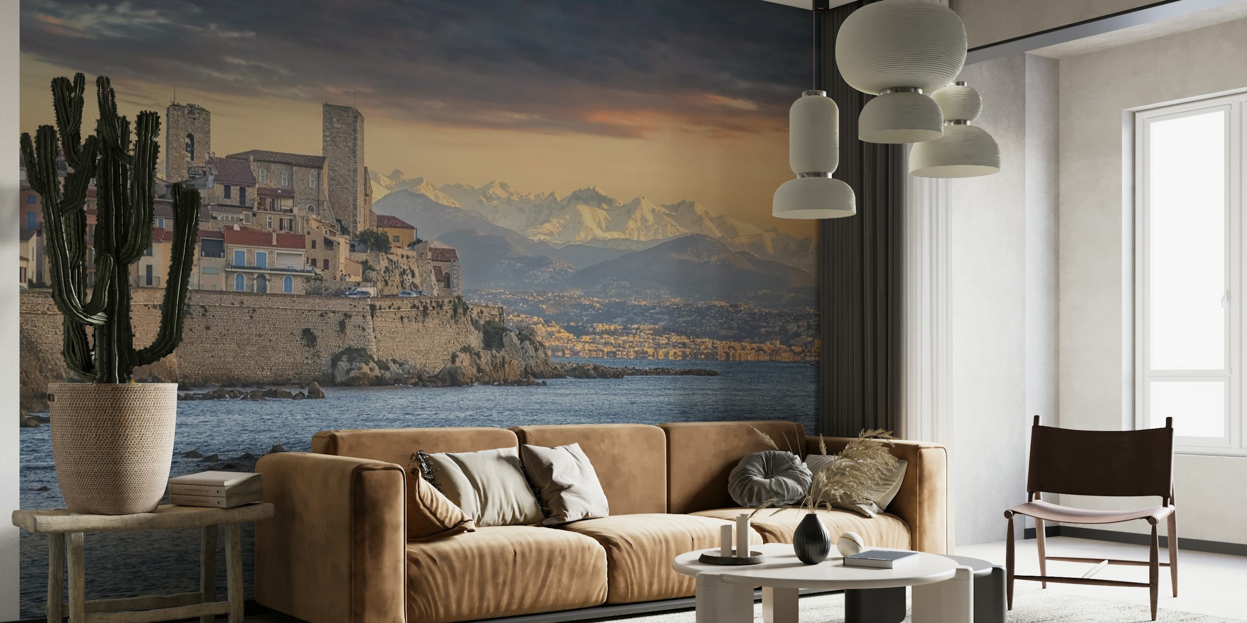 Antibes coastal town wall mural with historic buildings and calm sea at dusk