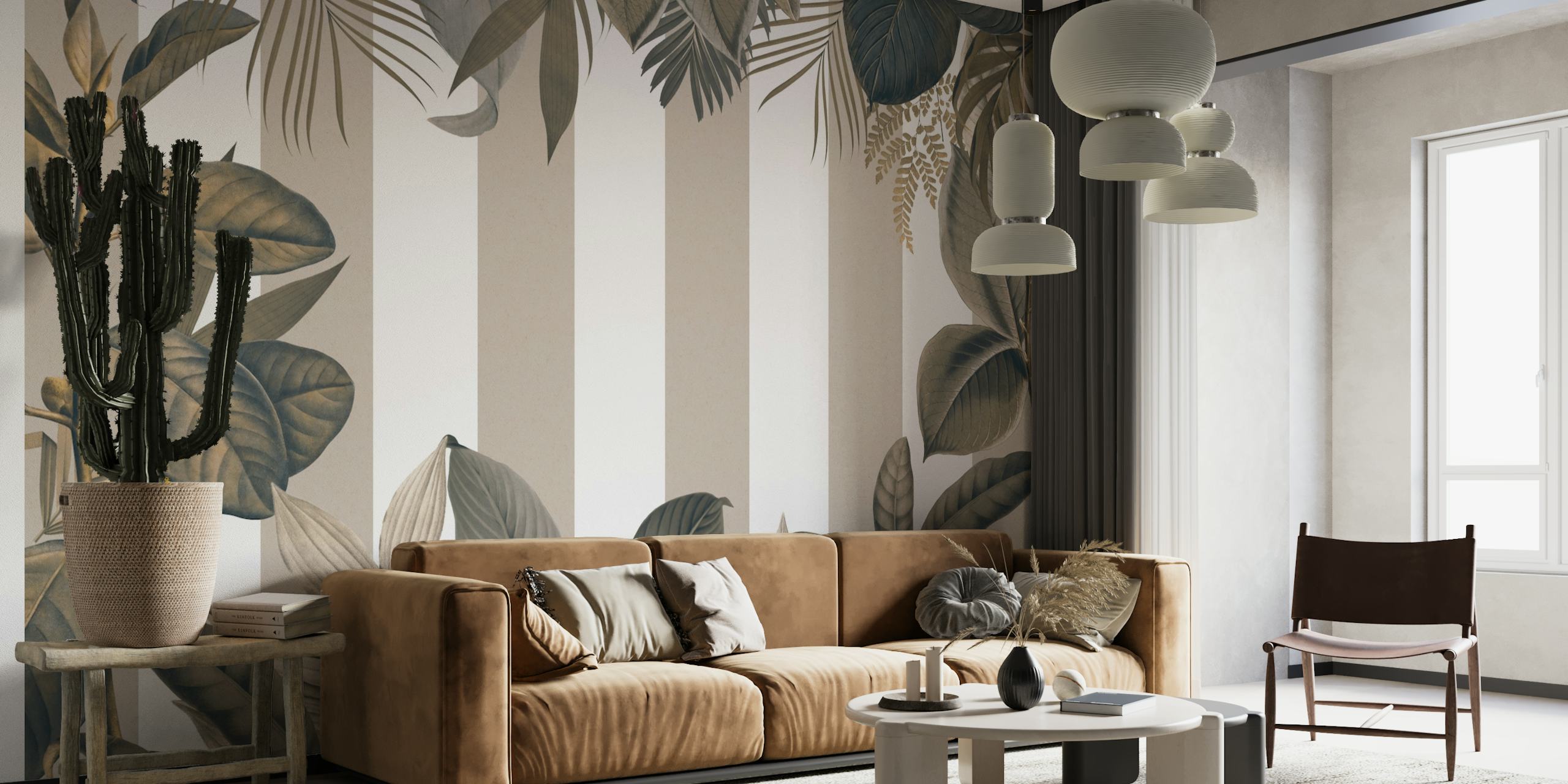 Tropical Leaves on Beige Striped Background Wall Mural
