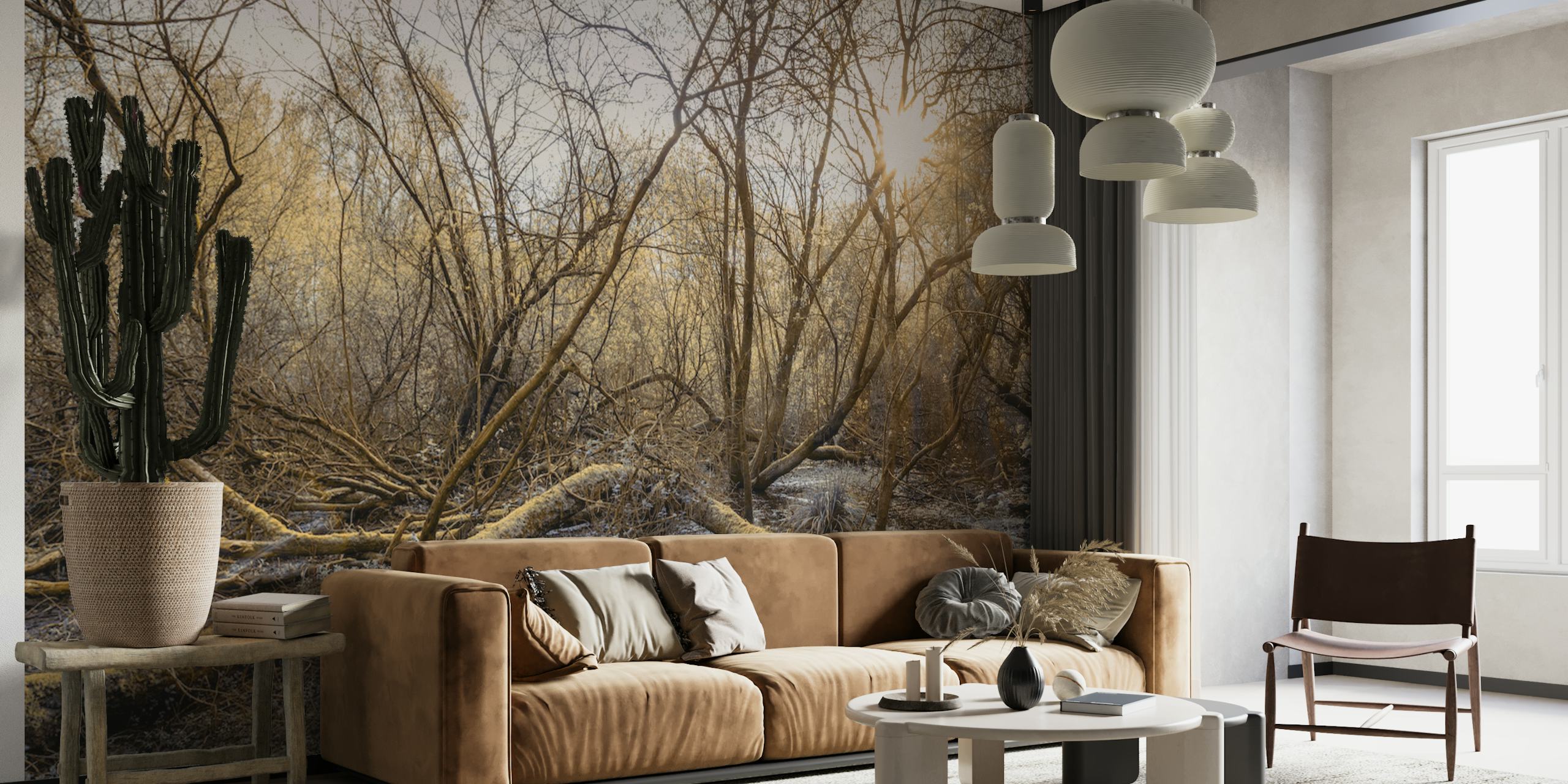 Peinture murale boisée humide représentant une forêt sereine après une pluie avec des branches et des feuilles mouillées