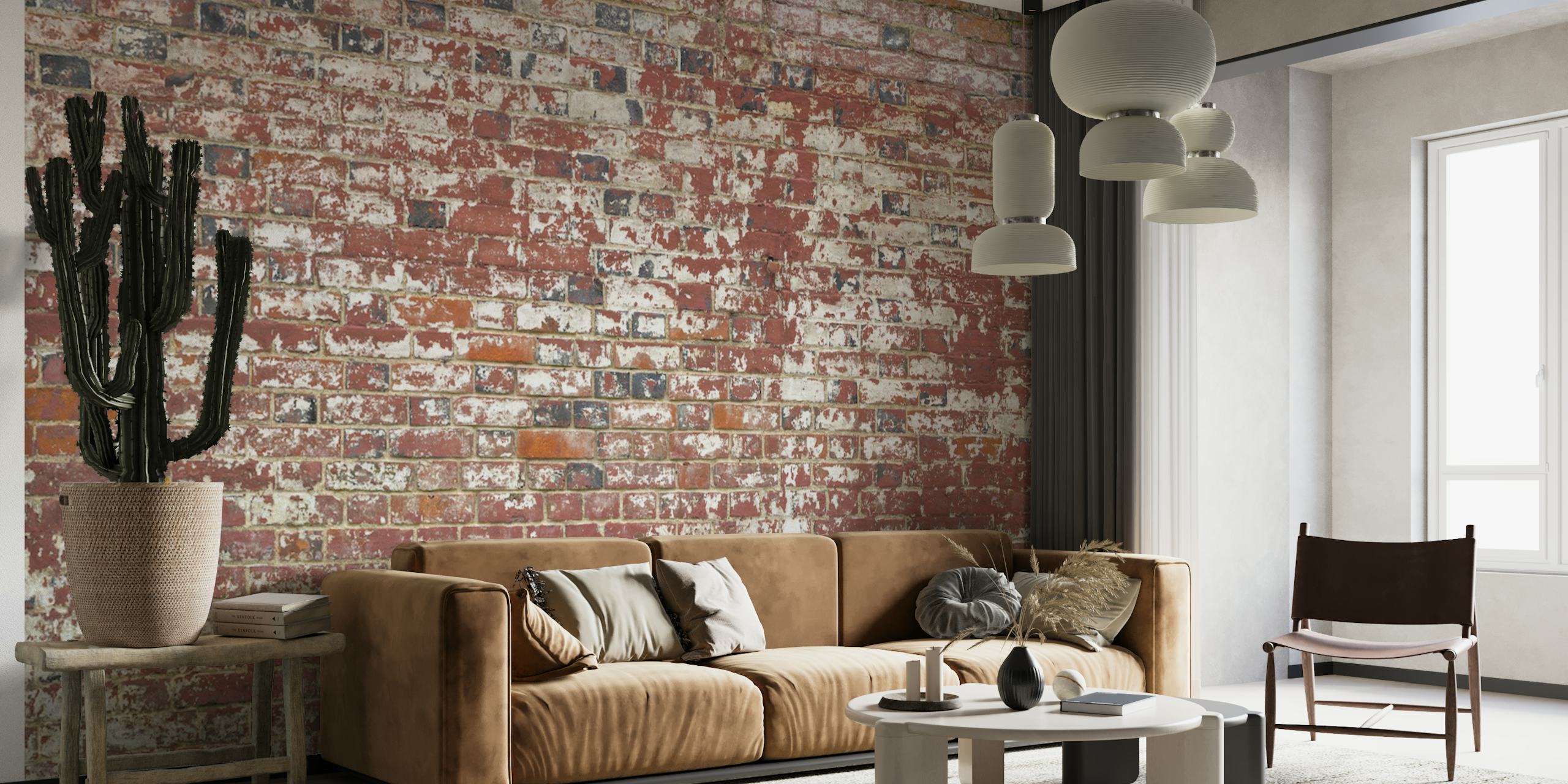 Rustic red brick wall with distressed white paint texture wallpaper