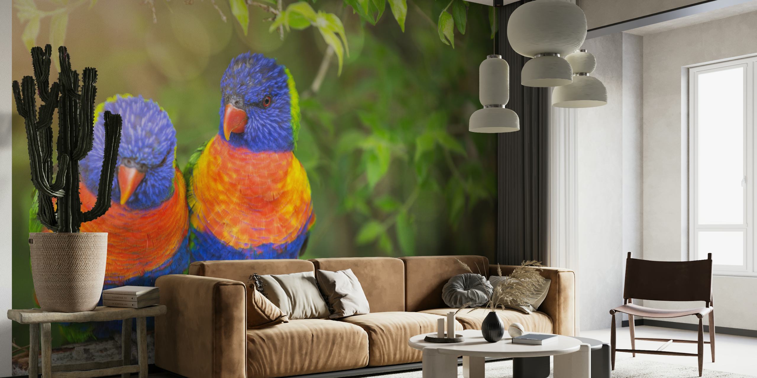 Colorful lorikeet couple on a branch with green leaves and sunlight