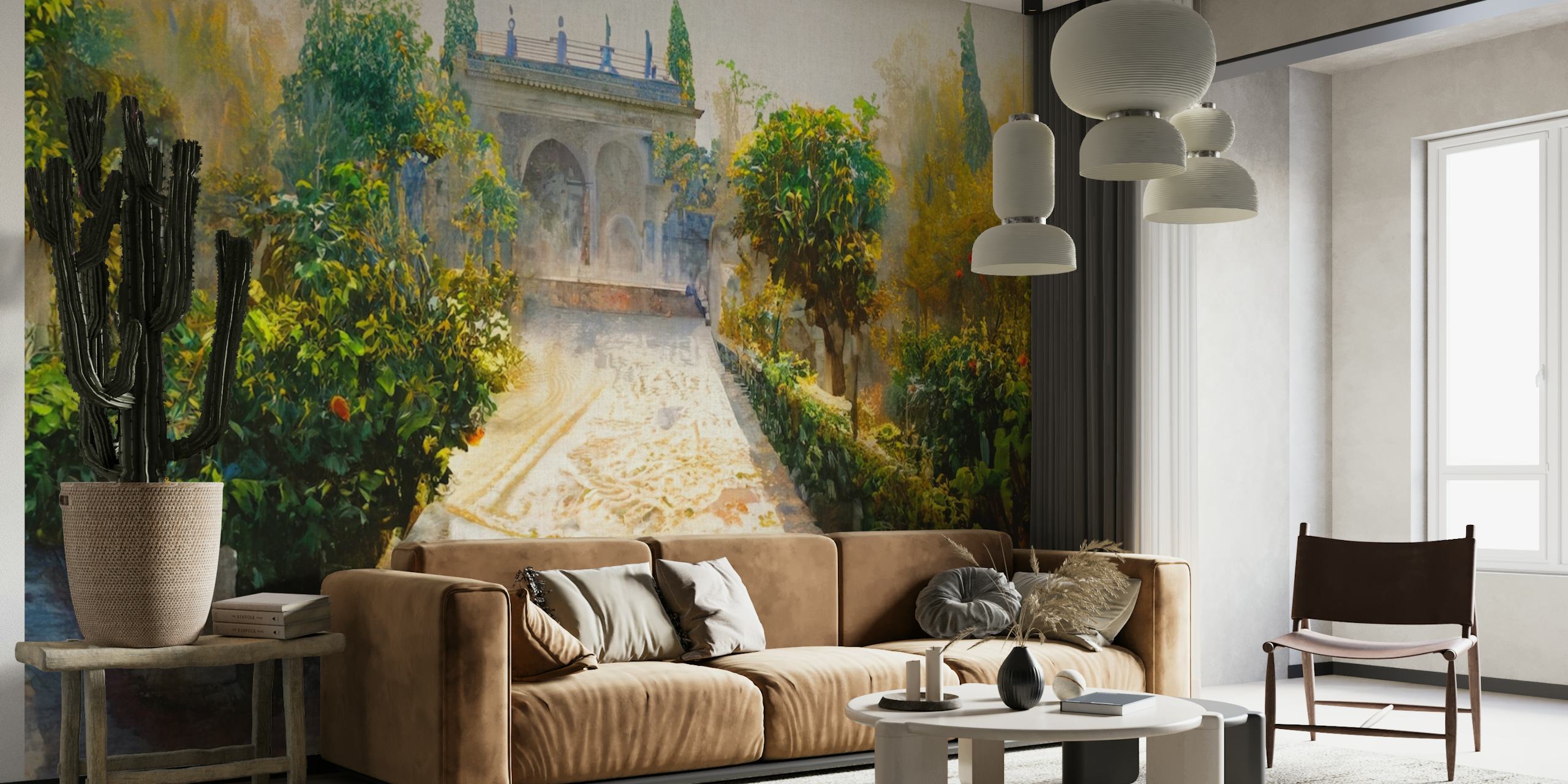 Papier peint mural d'allée de jardin espagnol baigné de soleil avec une verdure luxuriante et un portail orné