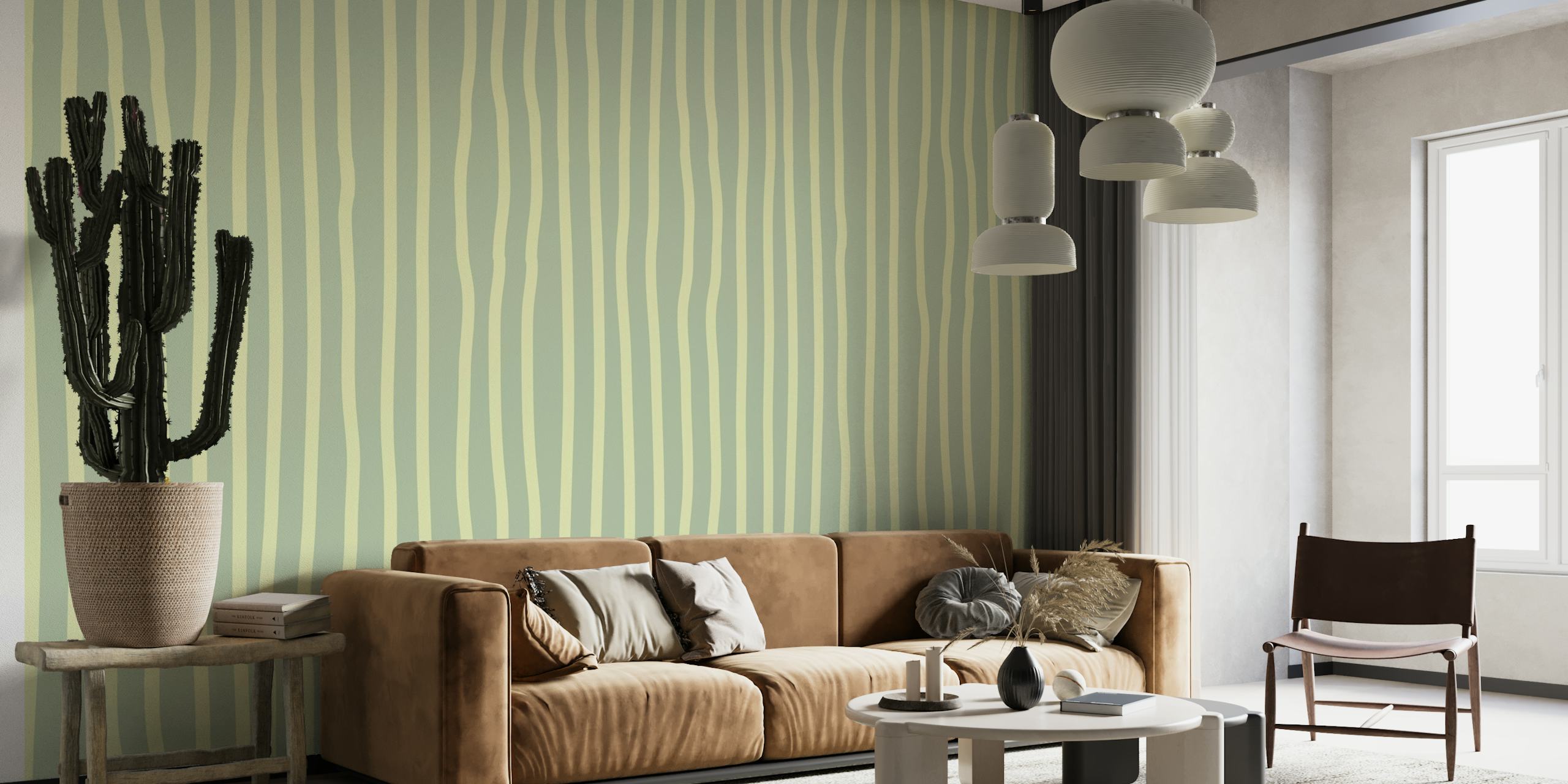 Minimalistic Pin Stripes Sage Green And Beige behang
