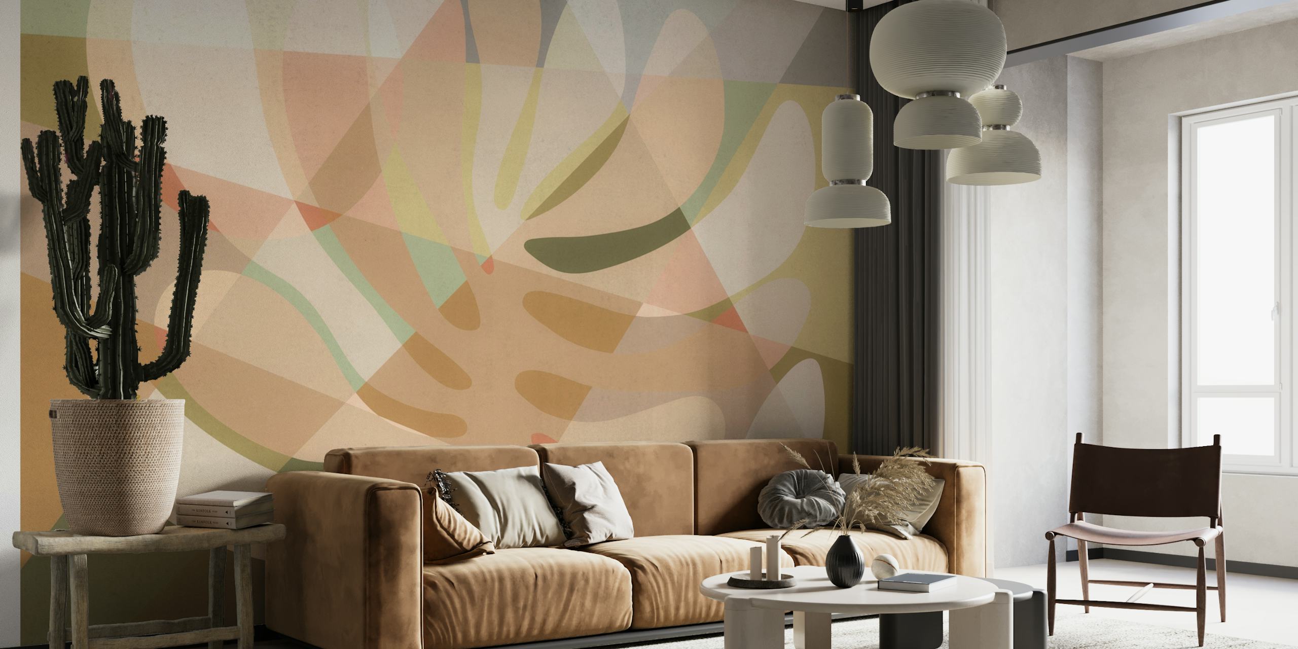 Abstract tree wall mural in warm shades of beige, tan, and cream