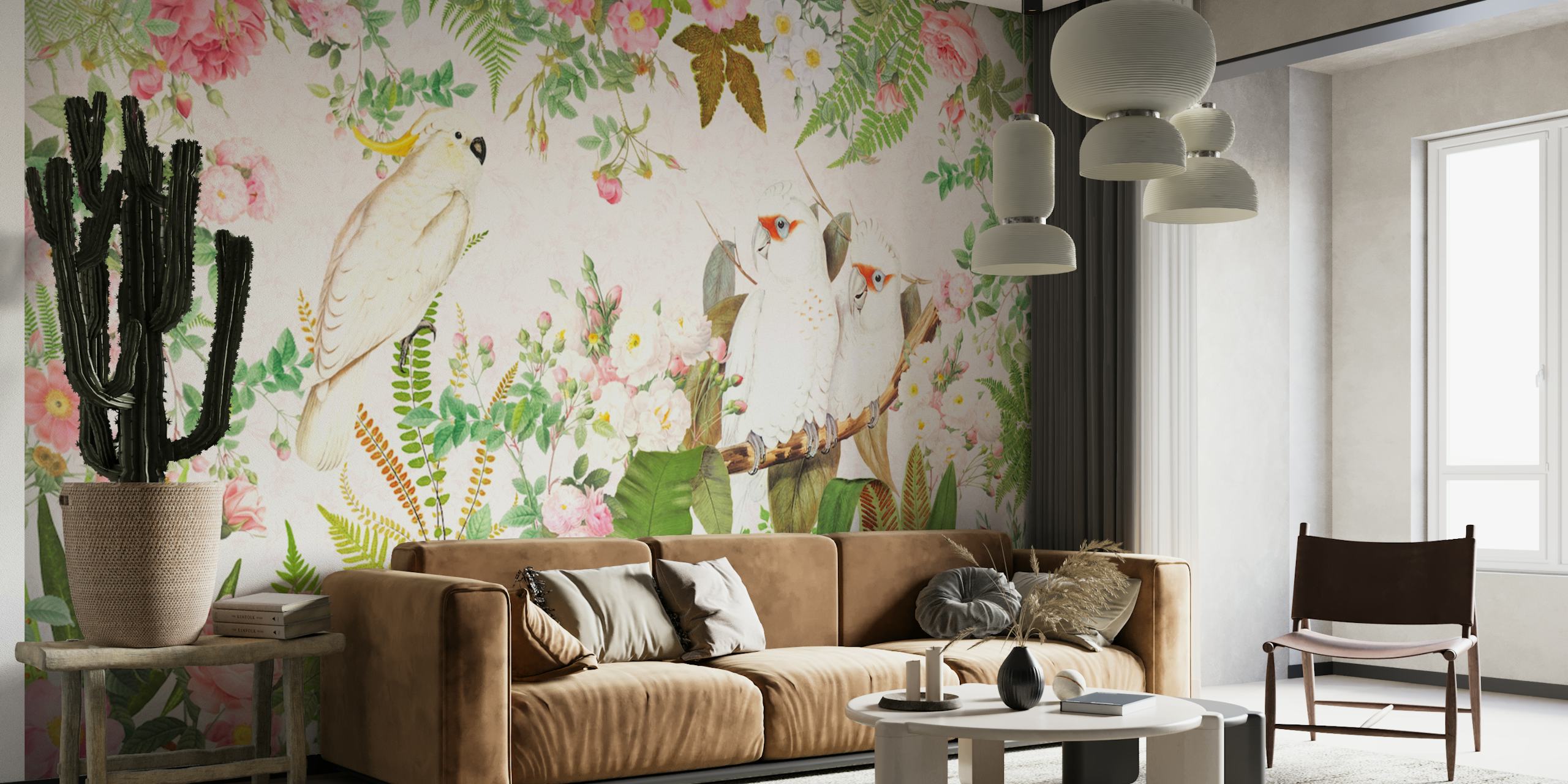 Design della carta da parati Cockatoo e rose in una stanza