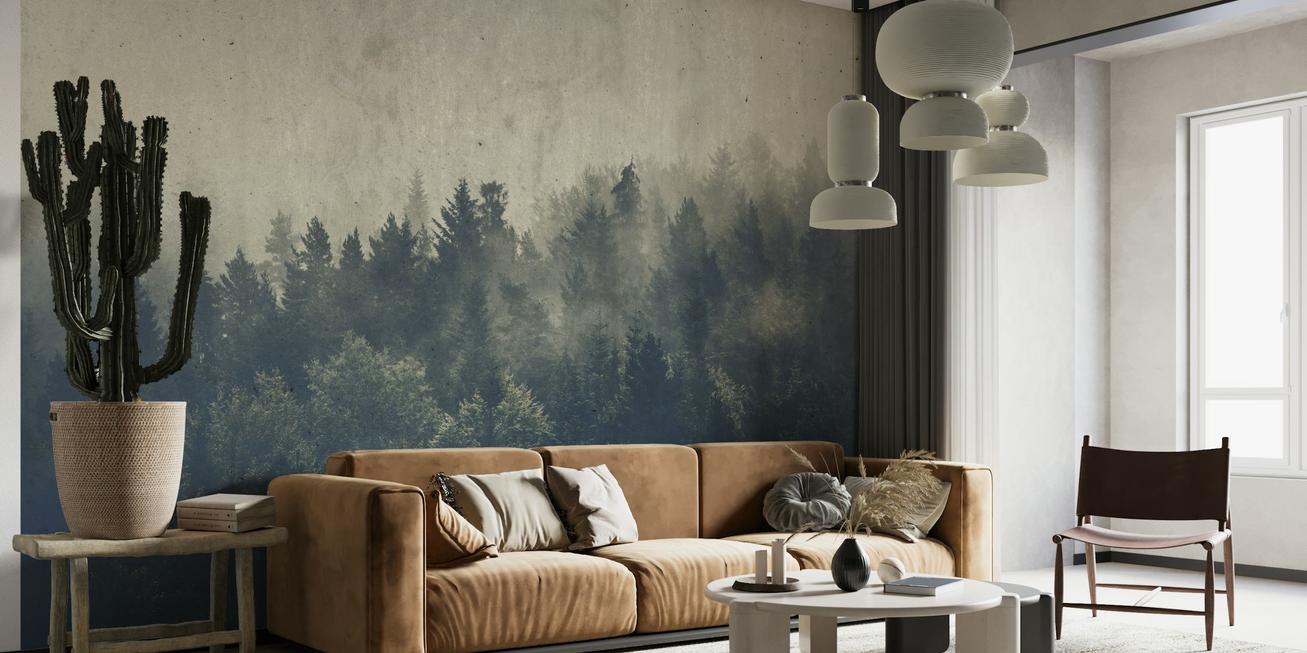 Misty forest wall mural with shades of dark green and grey, creating a serene and mysterious atmosphere.