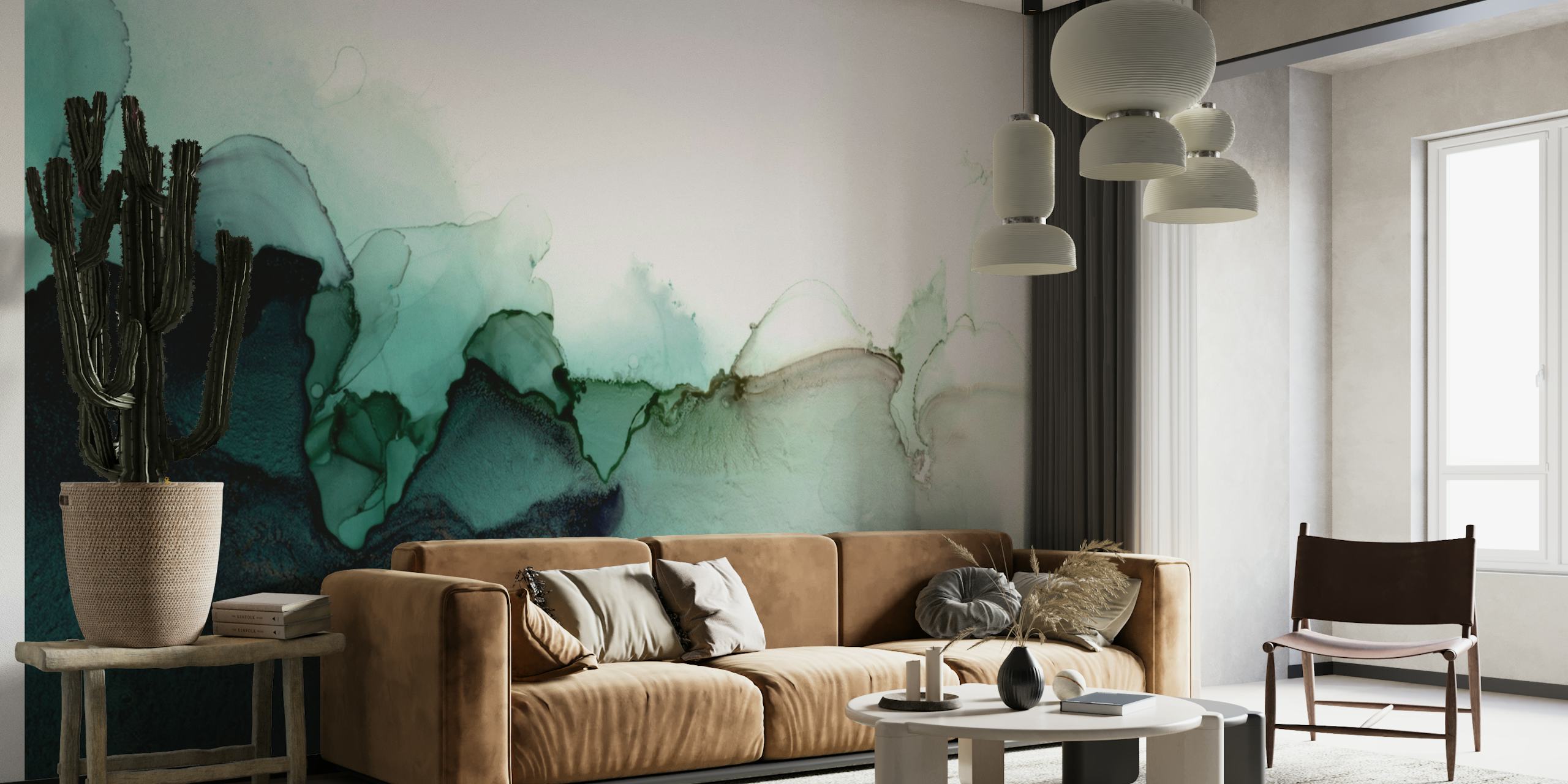 Abstract Green Flow wall mural with emerald and pastel colors blending softly