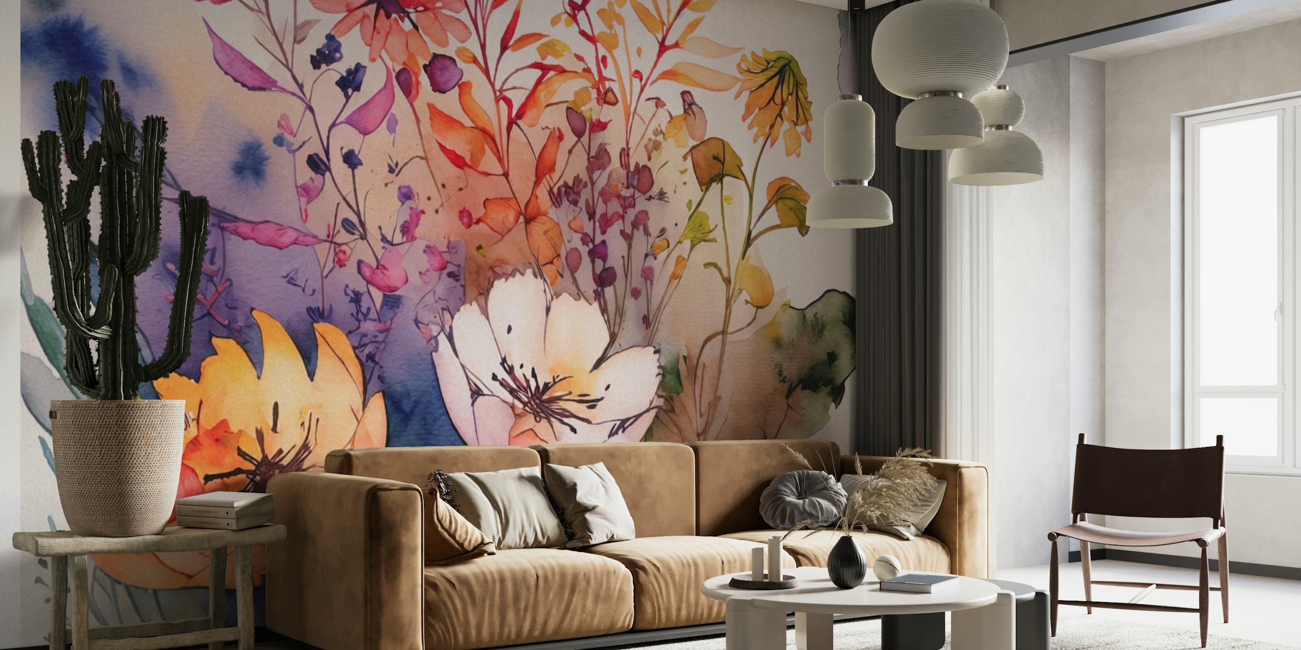 Elegant akvarel og blomster abstrakt kunst vægmaleri med bløde pasteltoner og kunstneriske blomster