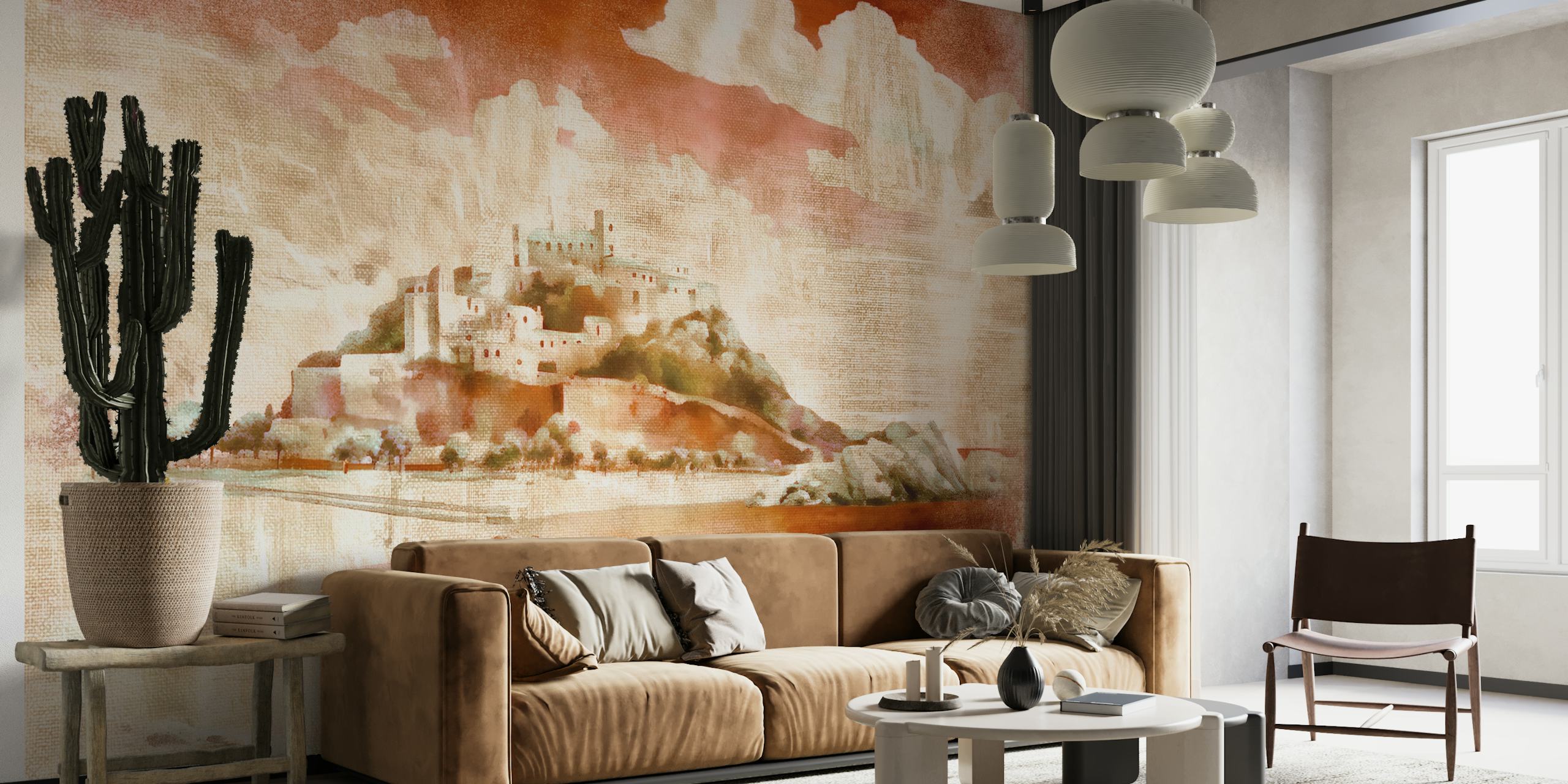 Watercolor painting of an Italian landscape with soft tones. wallpaper