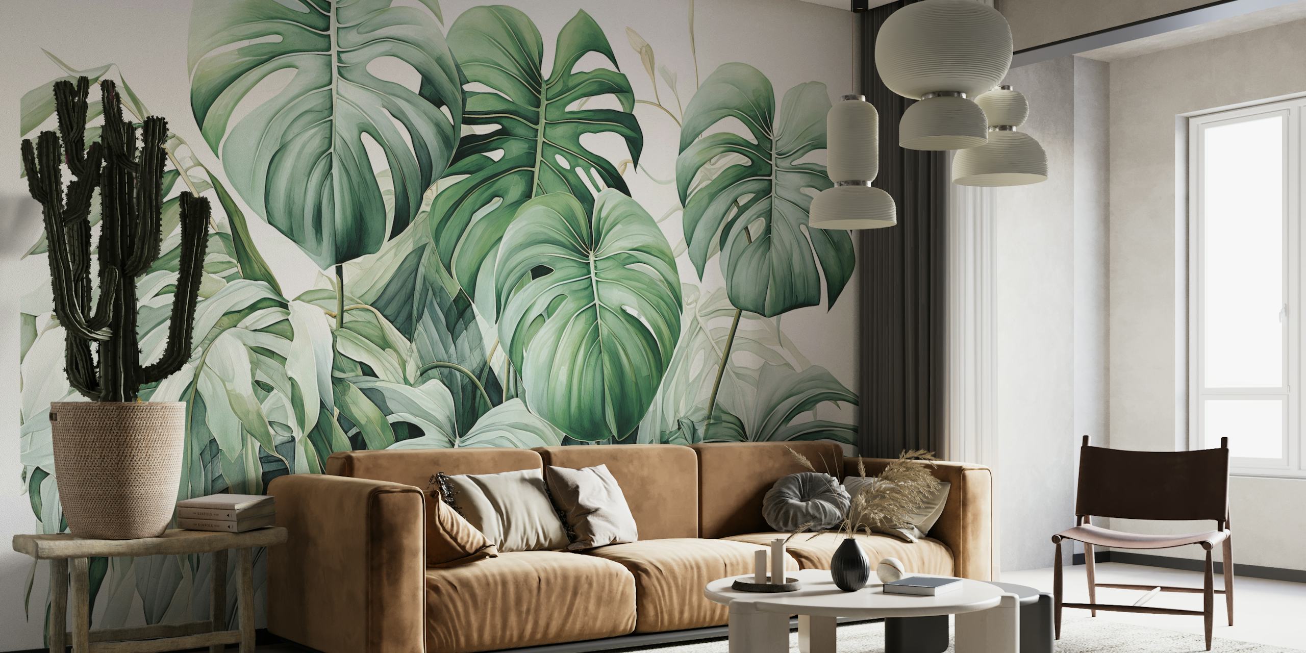 Oversized green foliage wall mural in a variety of shades creating a dense leafy pattern.