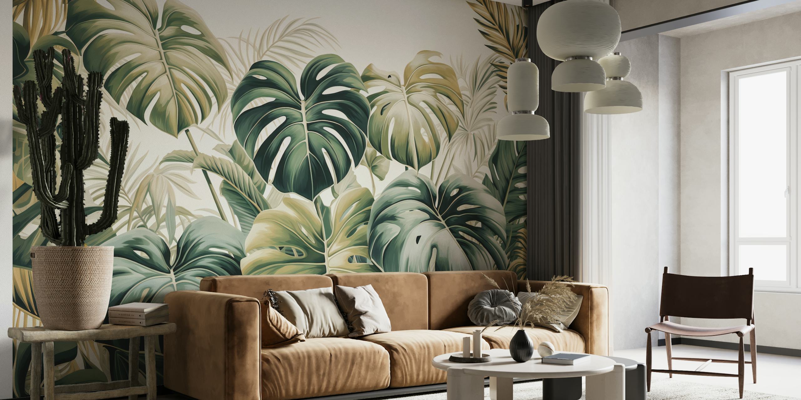 Design de mural de parede com folhas tropicais verdes exuberantes da coleção Emerald Elegance em happywall.com