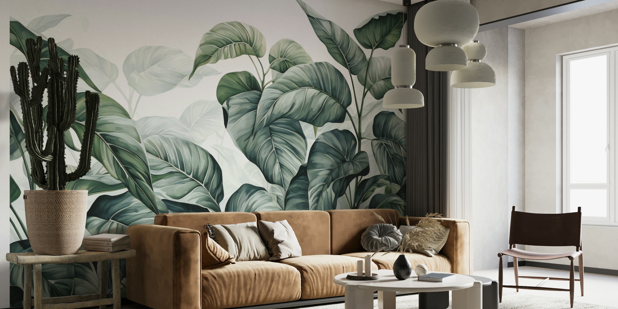 Leafy green botanical wall mural with velvet-textured foliage on a light background