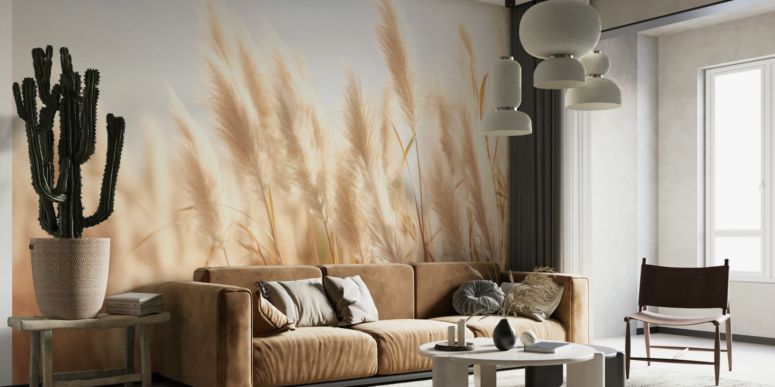 Plume of Tranquility wall mural showing soft grass plumes bathed in warm sunlight.