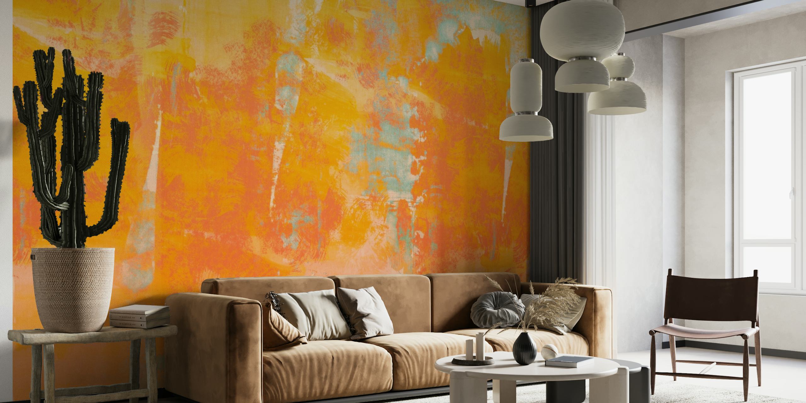 Abstracte aquarelmuurschildering in koraal- en oranje tinten met een voelbare grungetextuur