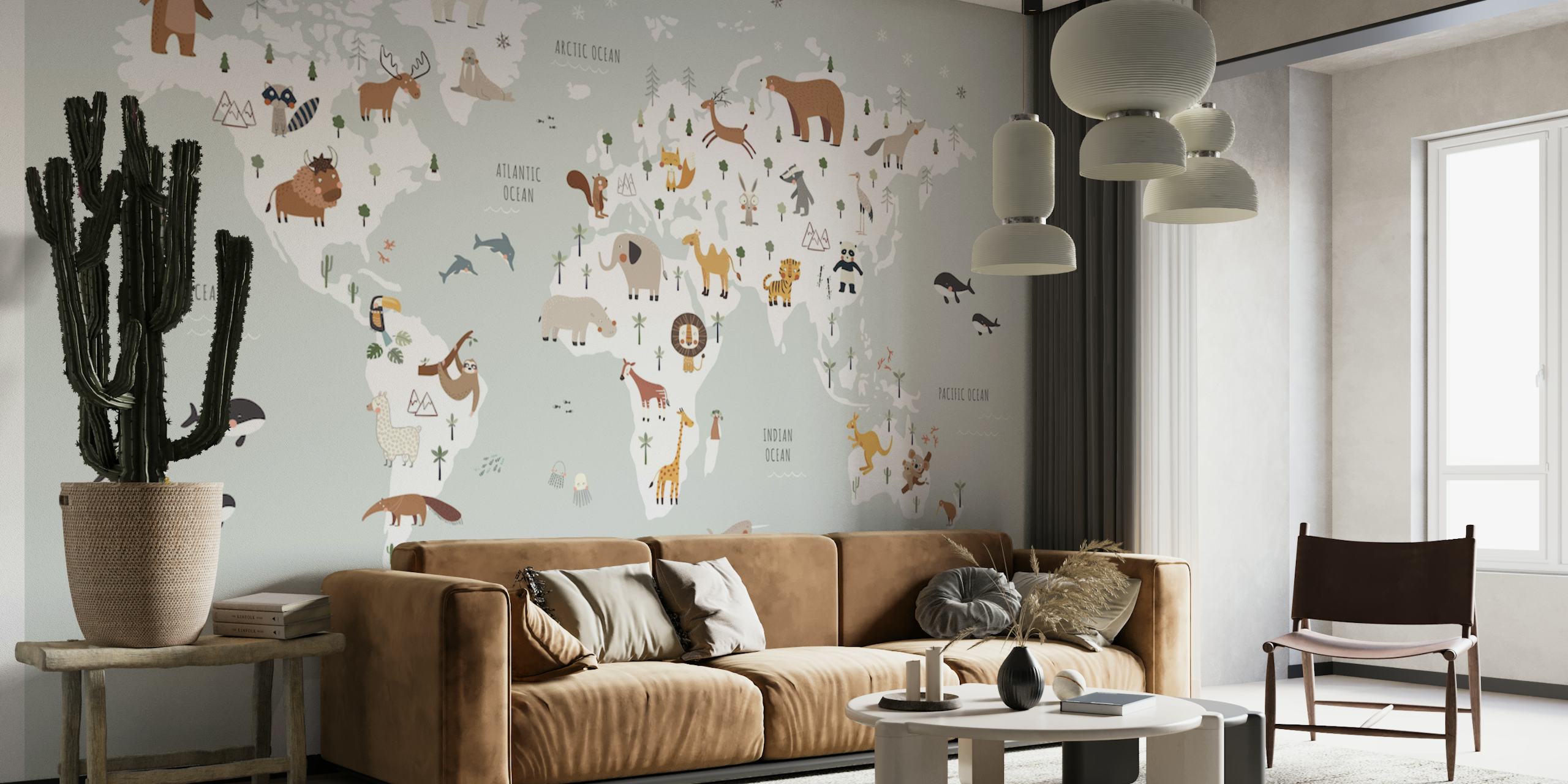 World map with animals wallpaper in a room