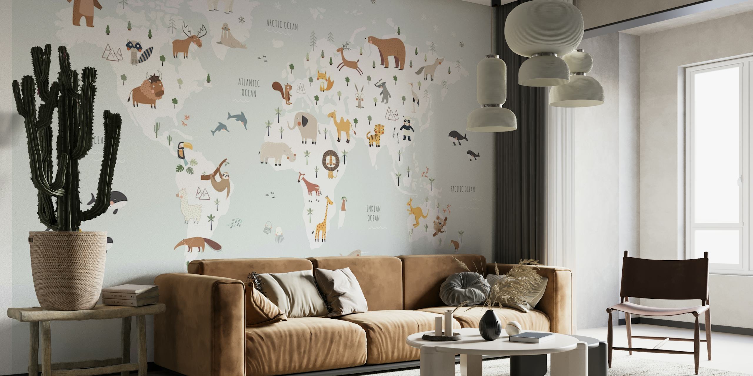 World map with animals mural tapete