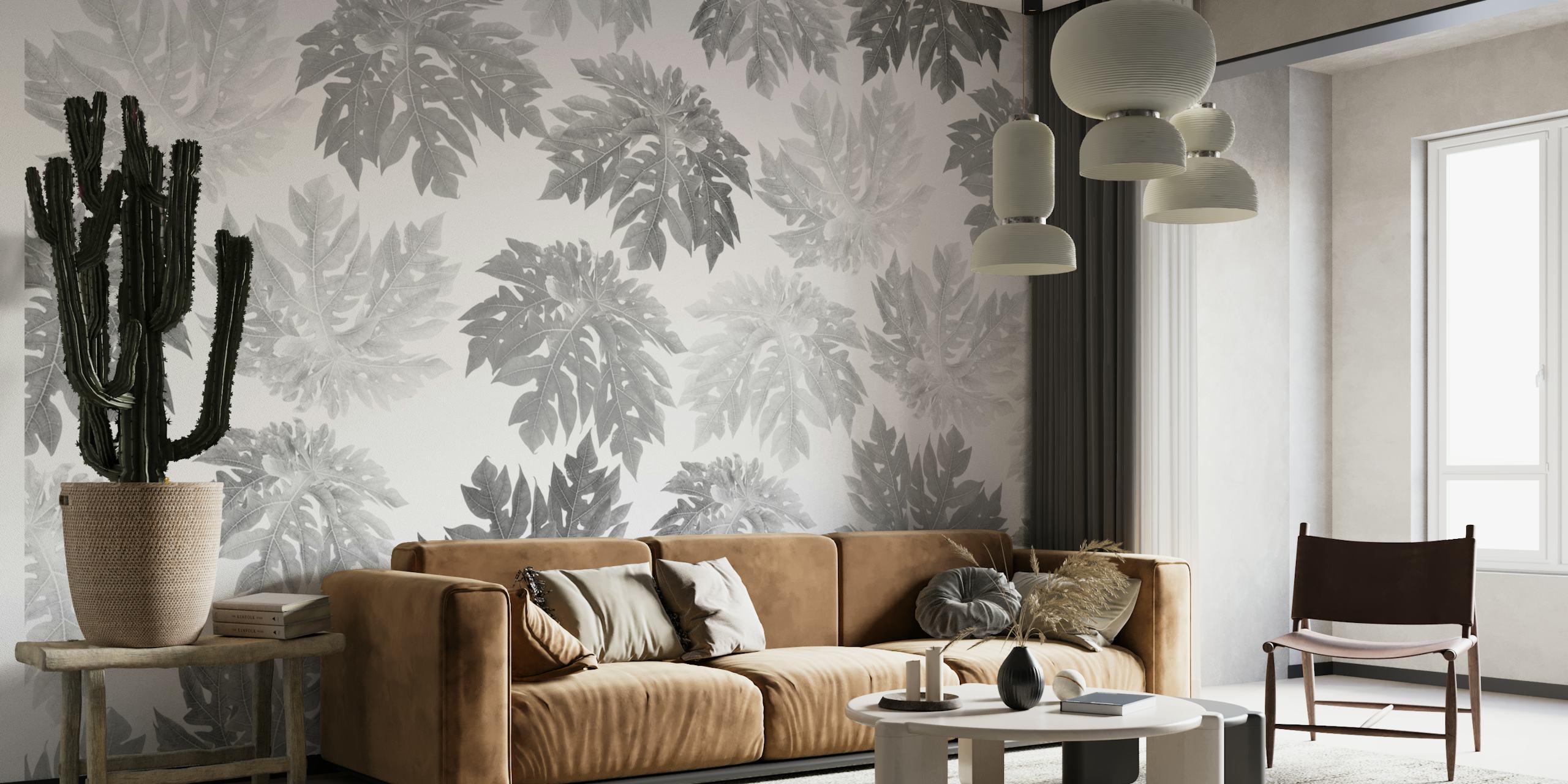 Tropical leaves pattern in shades of black and white wallpaper