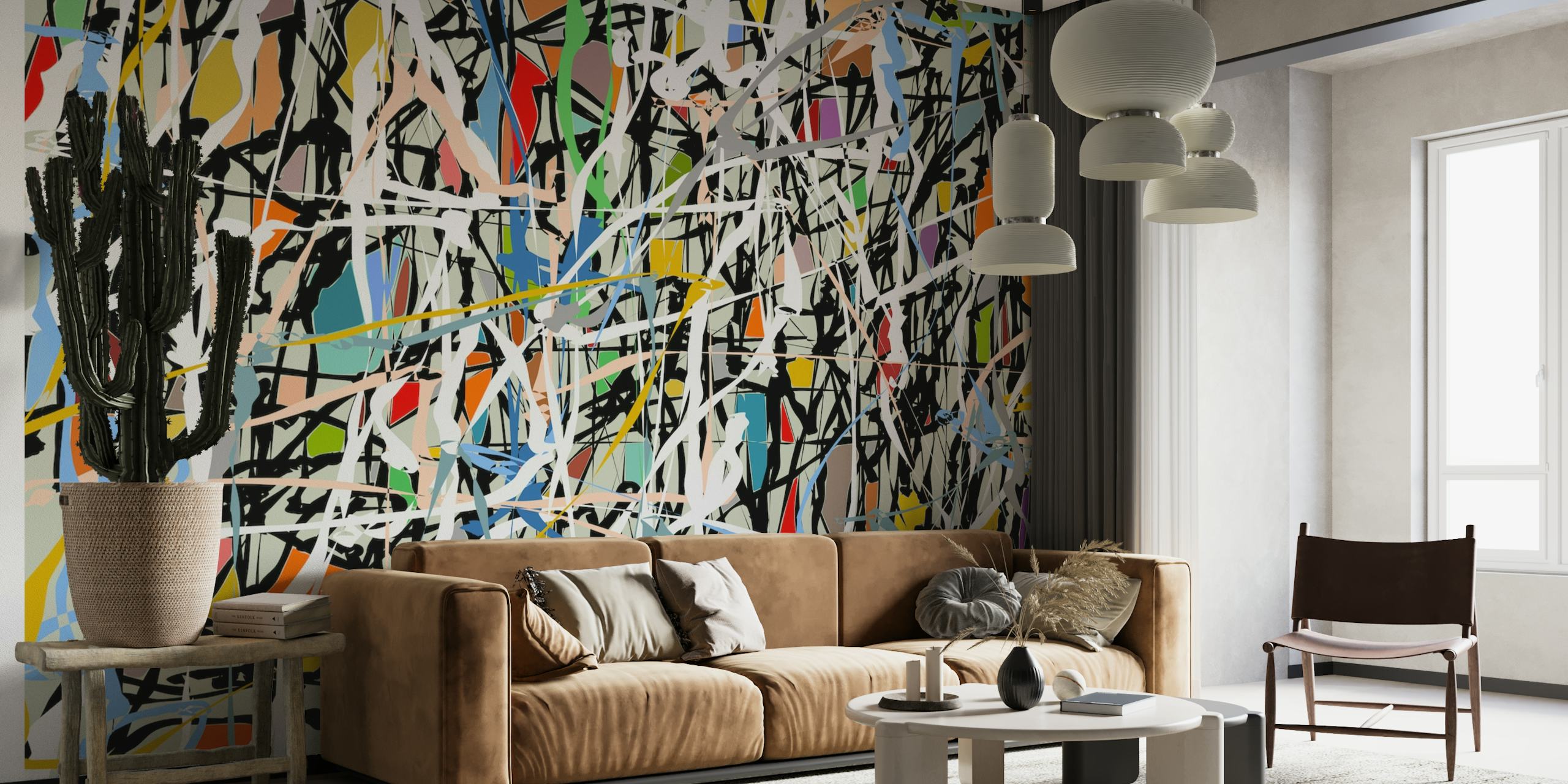 Abstrakti ekspressionistinen seinämaalaus, jossa on eloisia roiskeita ja rohkeita viivoja, jotka muistuttavat Pollockin taidetta