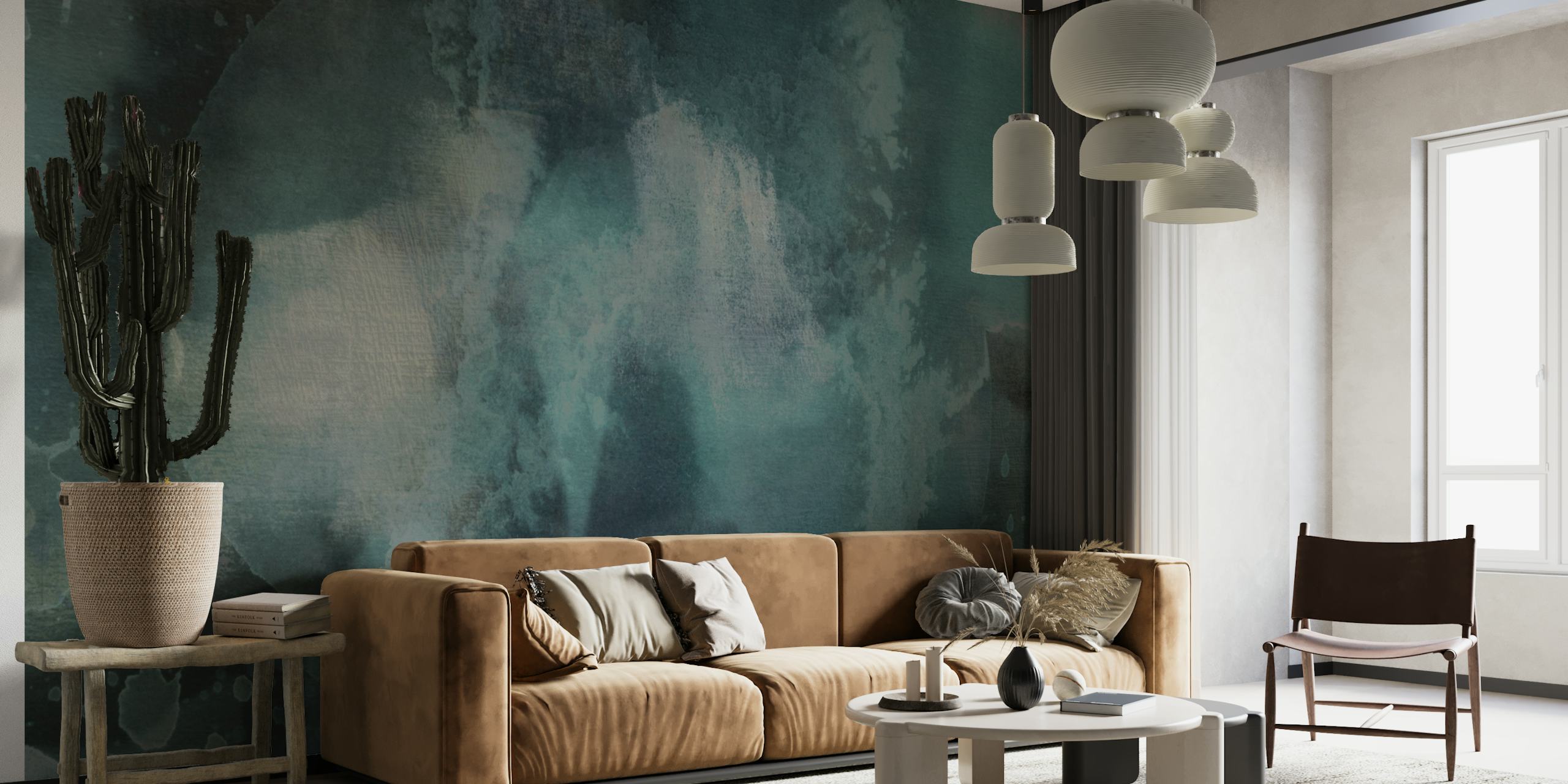 Abstract teal and grey wall mural creating a tranquil waterscape impression