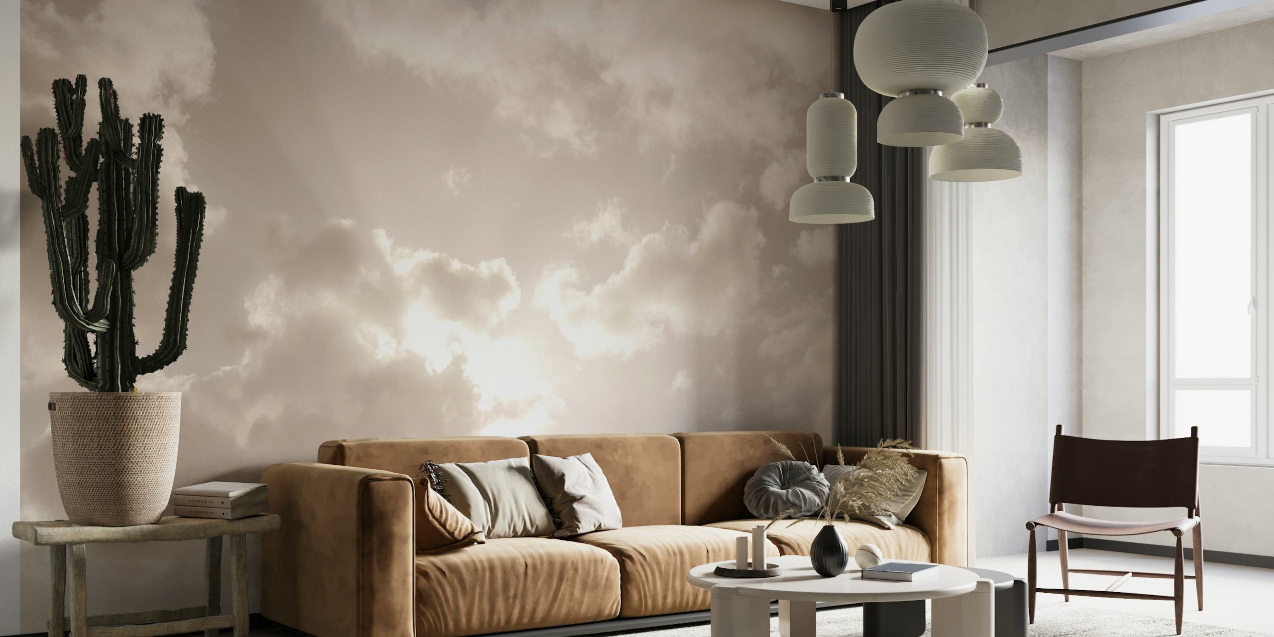 Beige clouds wall mural with soft lighting and peaceful sky scene