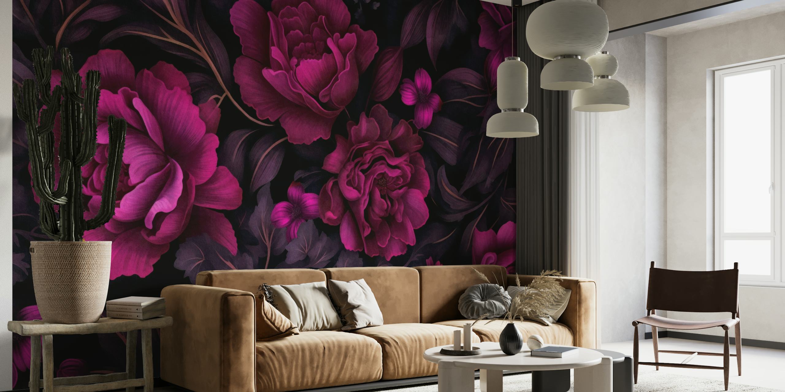 Papier peint mural Fleurs rose fuchsia sur fond sombre et maussade