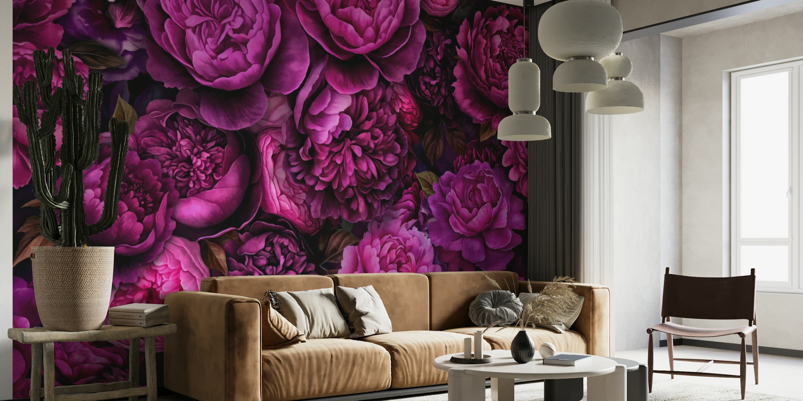 Ylelliset vaaleanpunaiset ja violetit ruusut tummalla taustalla Moody Flowers Pink Baroque Opulence -seinämaalauksessa