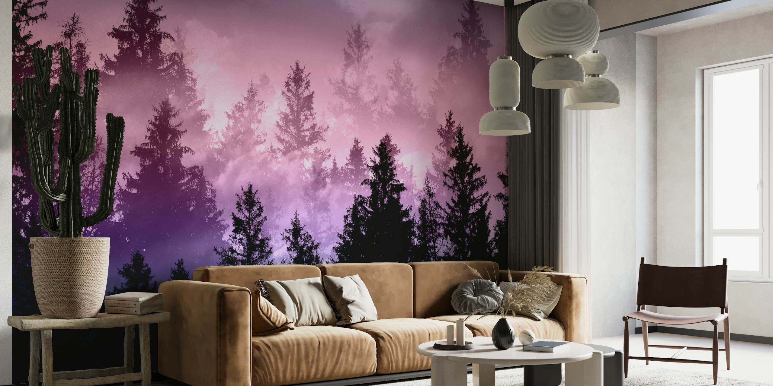 Mystical forest silhouette in purple mist wallpaper