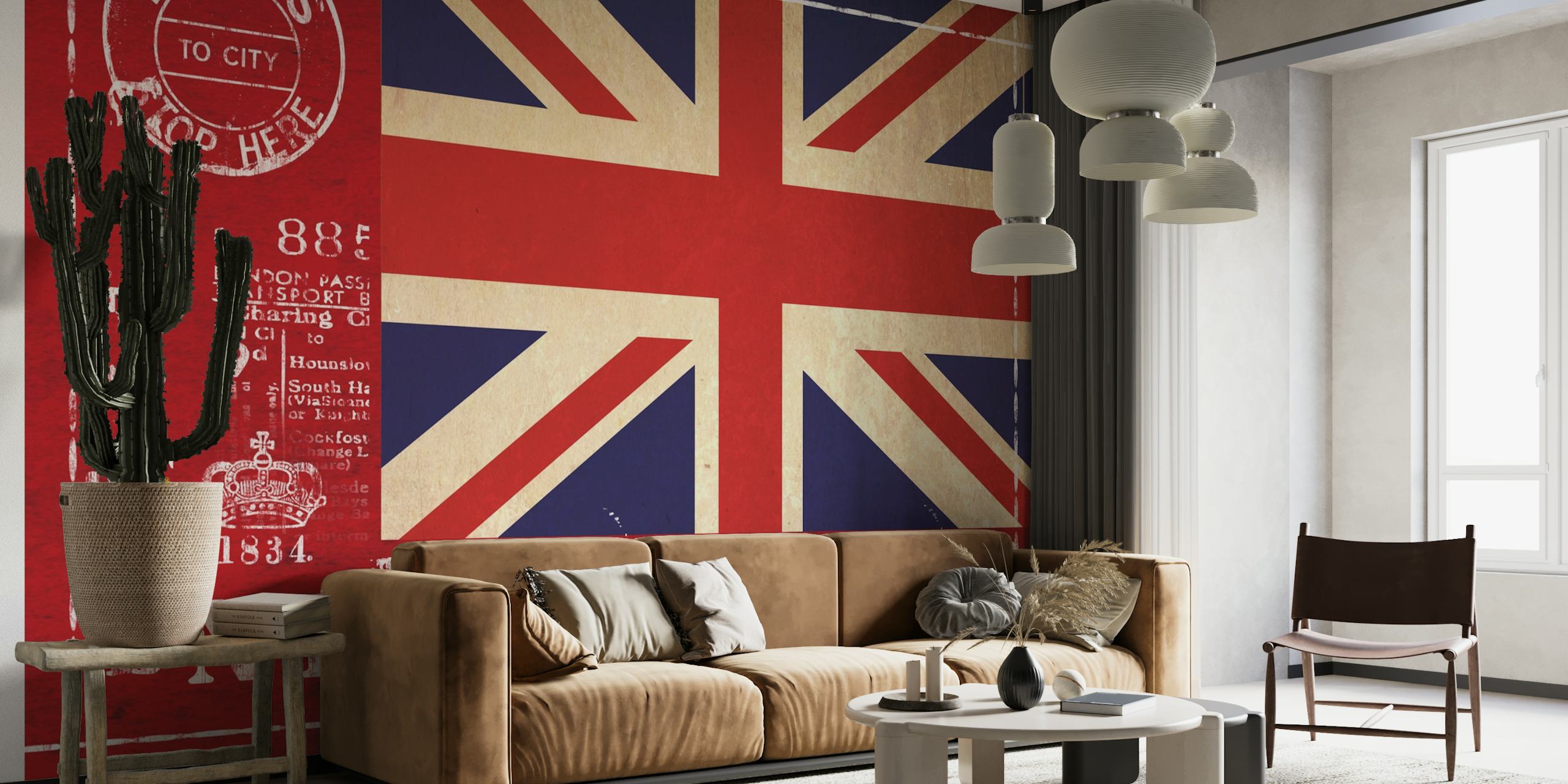 Union Jack flag with London-themed motifs wall mural