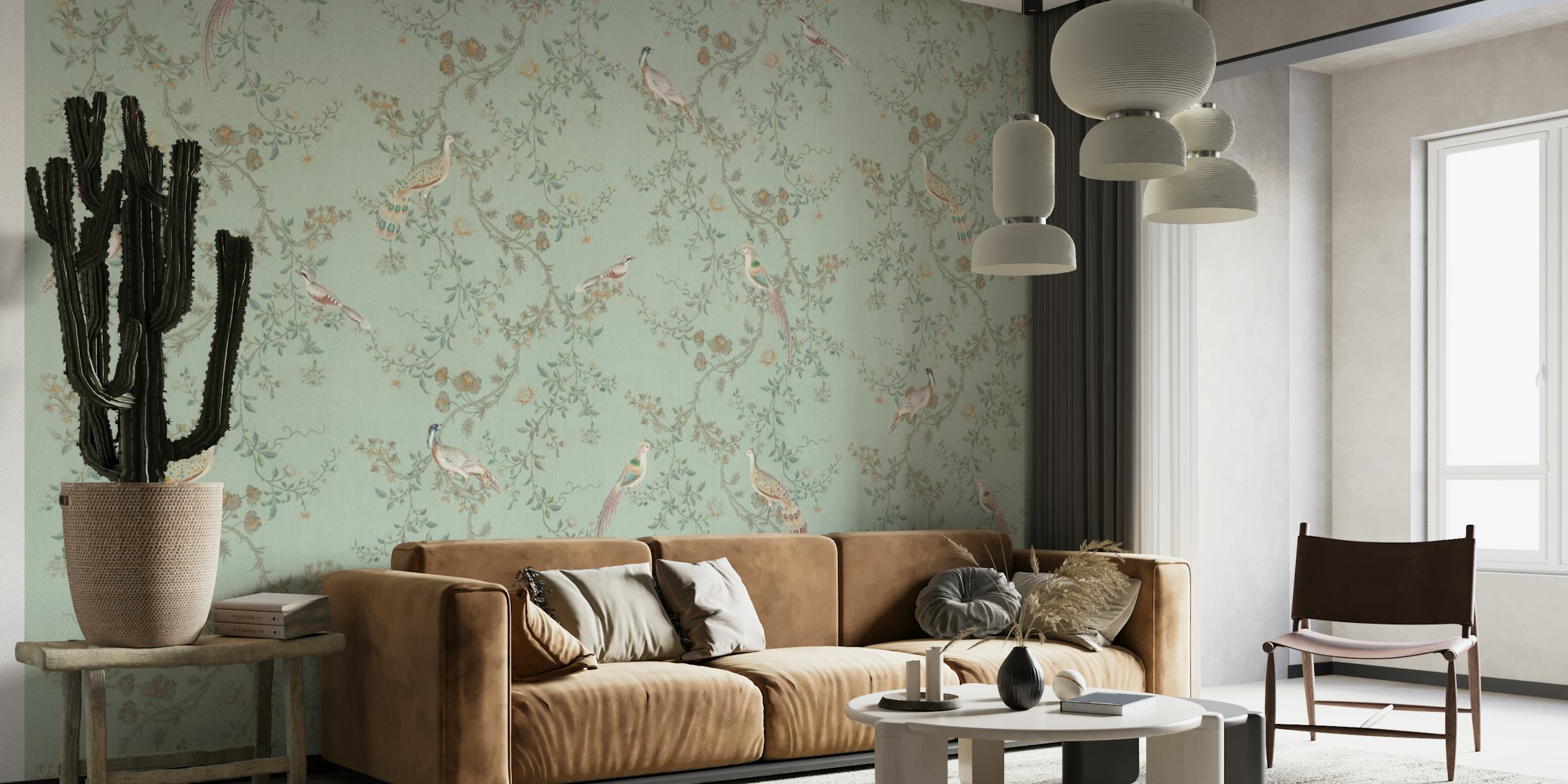 CHINOISERIES BIRDS AND TREES TEAL wallpaper