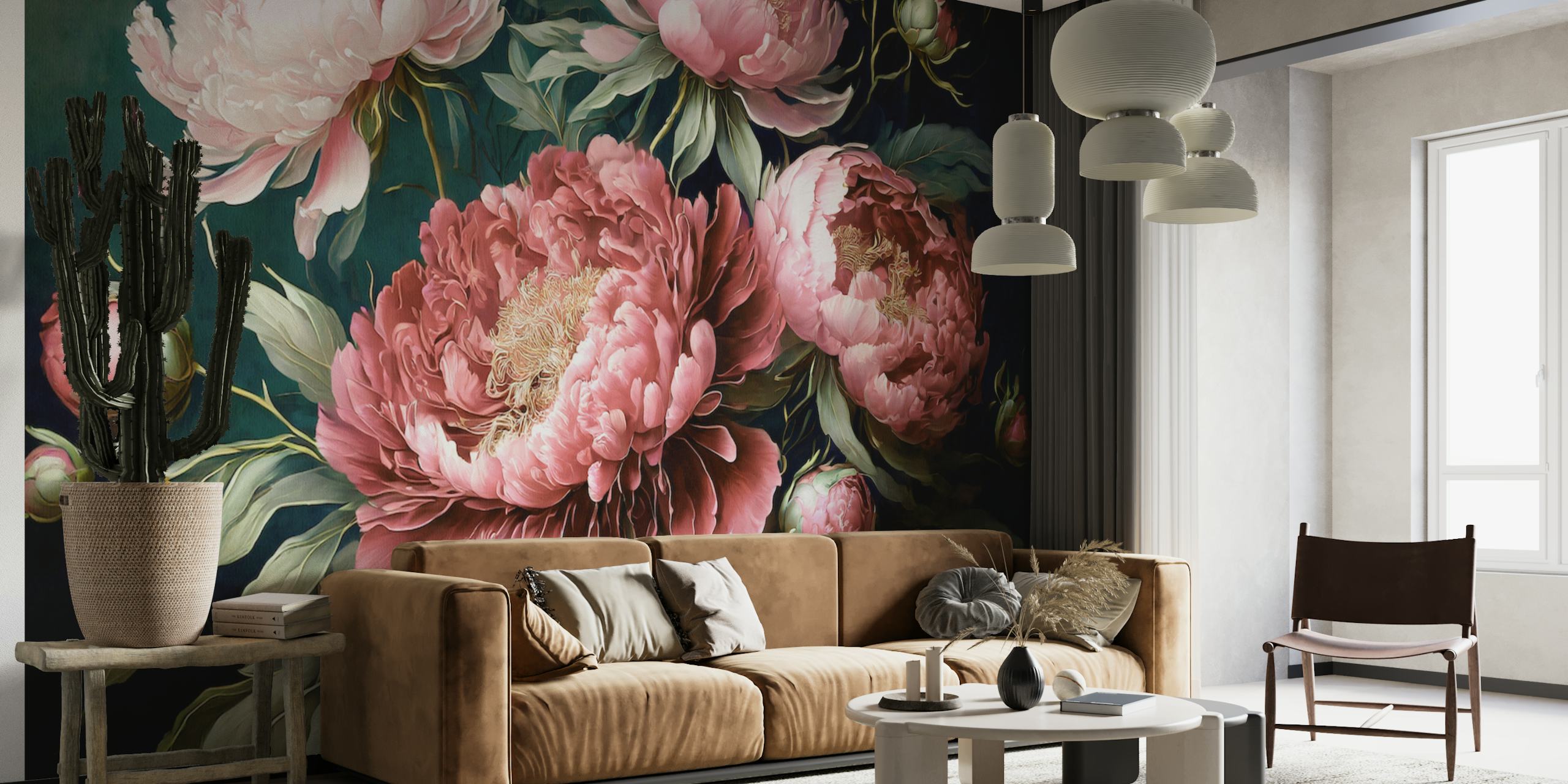 Pink peonies with green leaves on a dark background wallpaper