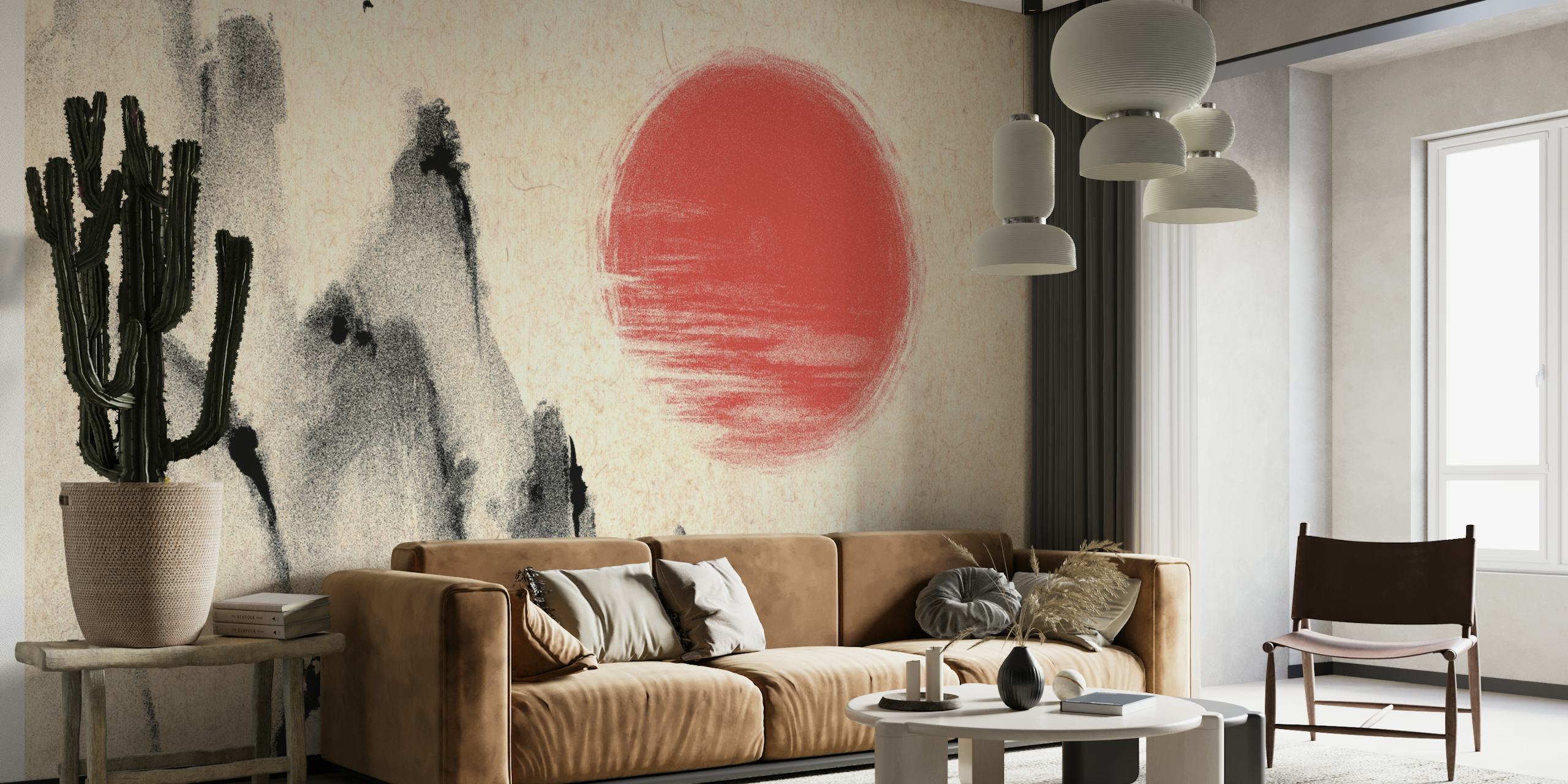 Japanese landscape with red sun and mountains wallpaper