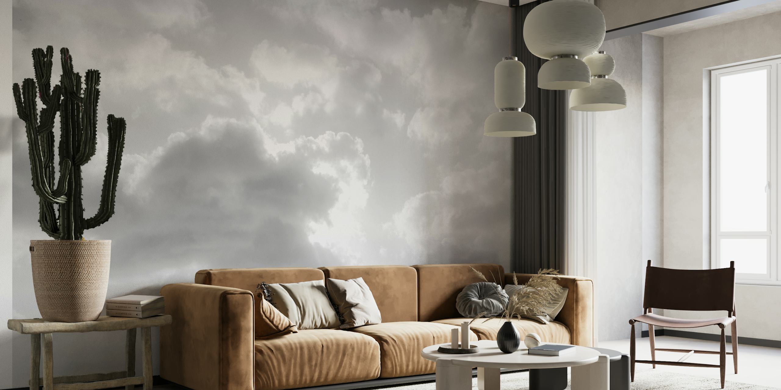Black and white cloud wallpaper in a room