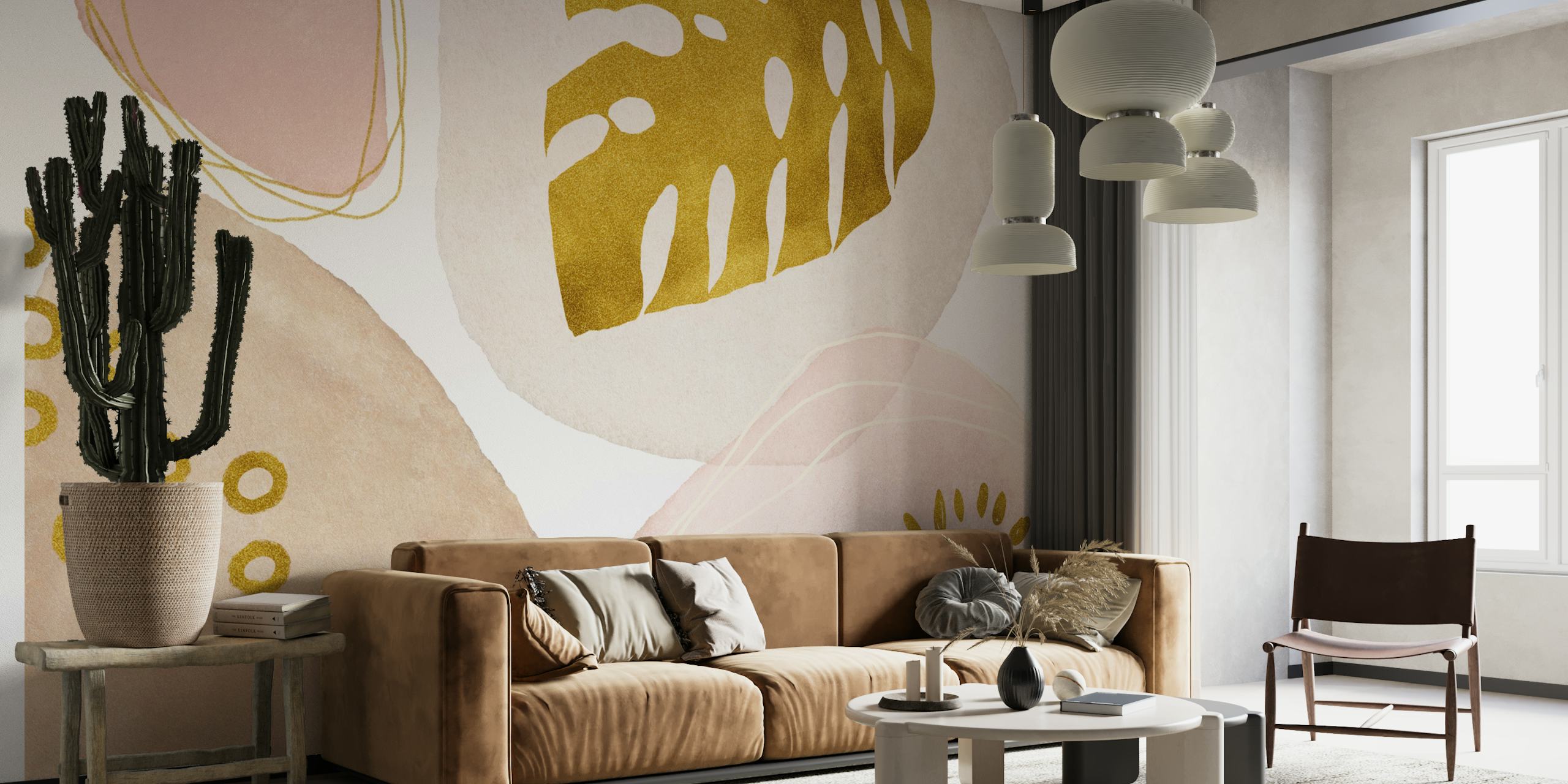 Abstract bohemian style wall mural with gold tropical leaf patterns and pastel pink accents