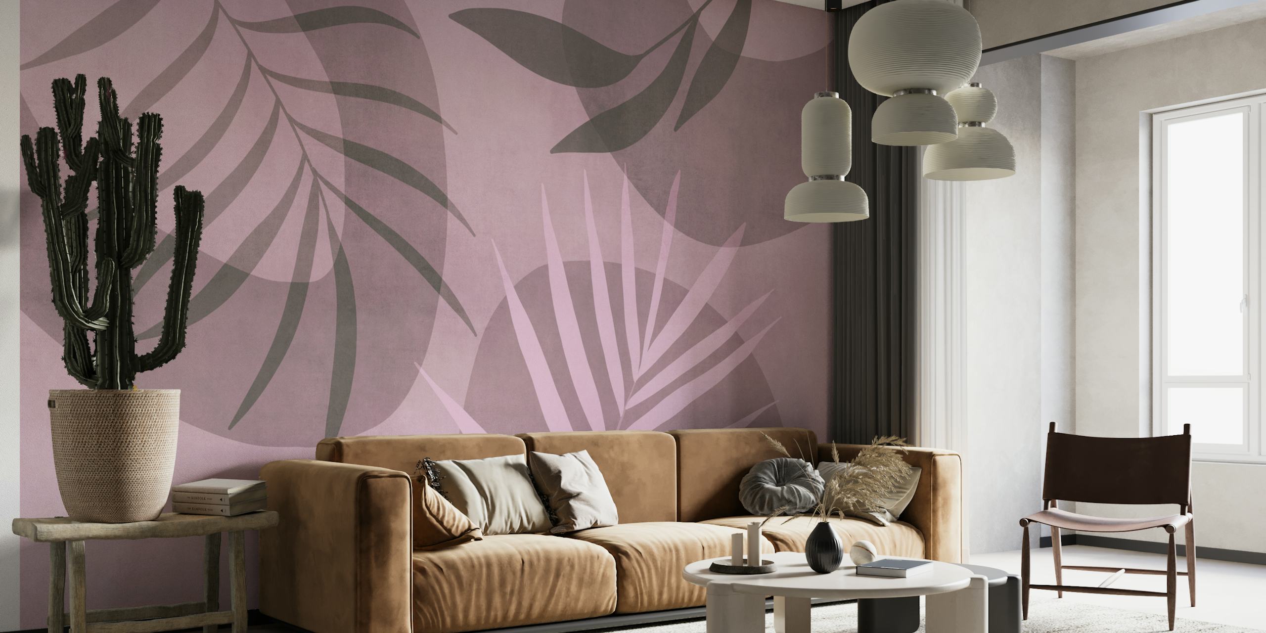 Dusty pink wallpaper with tropical palm leaf patterns in dark green and soft pink hues.