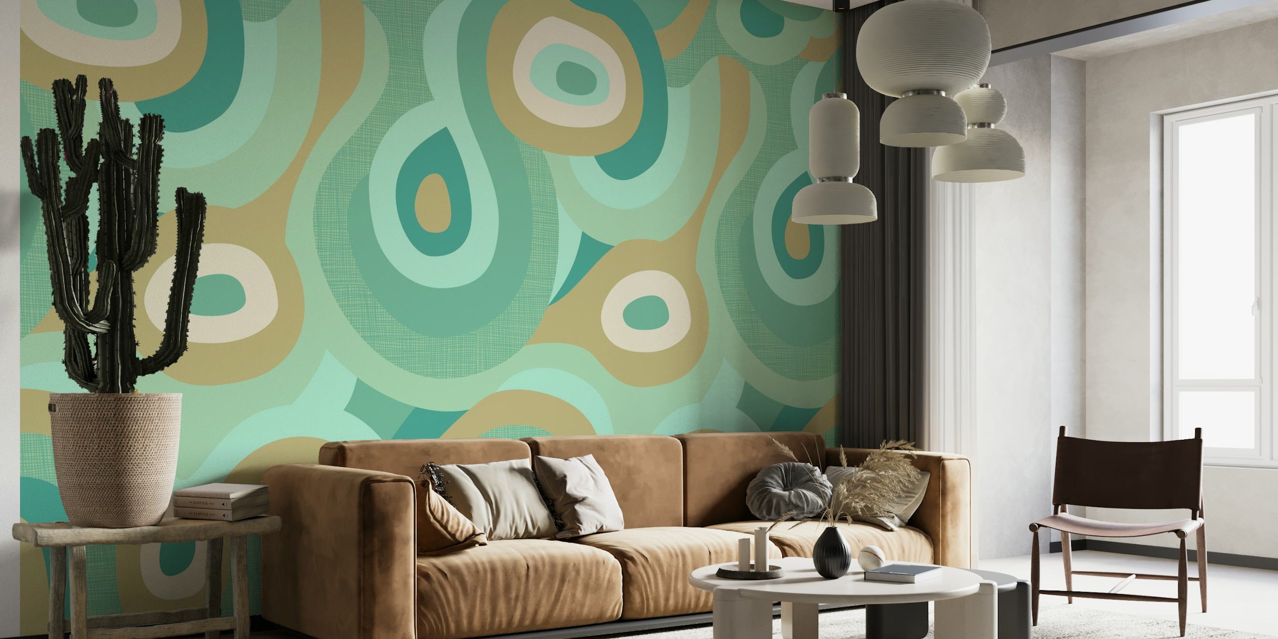 Groovy Wavy Aqua Green Wall Mural with Retro Wavy Patterns in Soft Blues and Greens