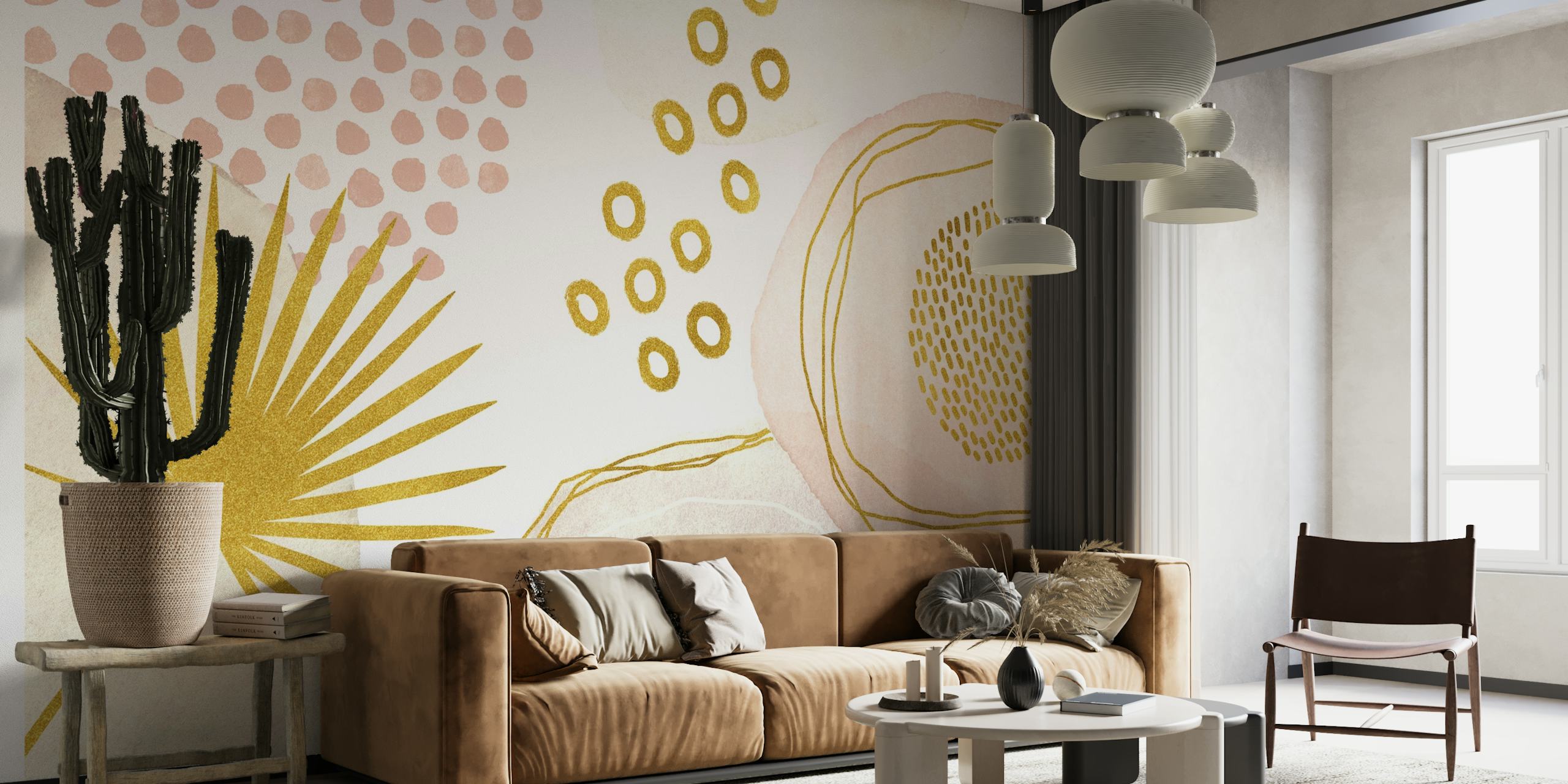 Golden Glamour Boho Tropical Vibes wall mural with soft pastel tones and gold accents