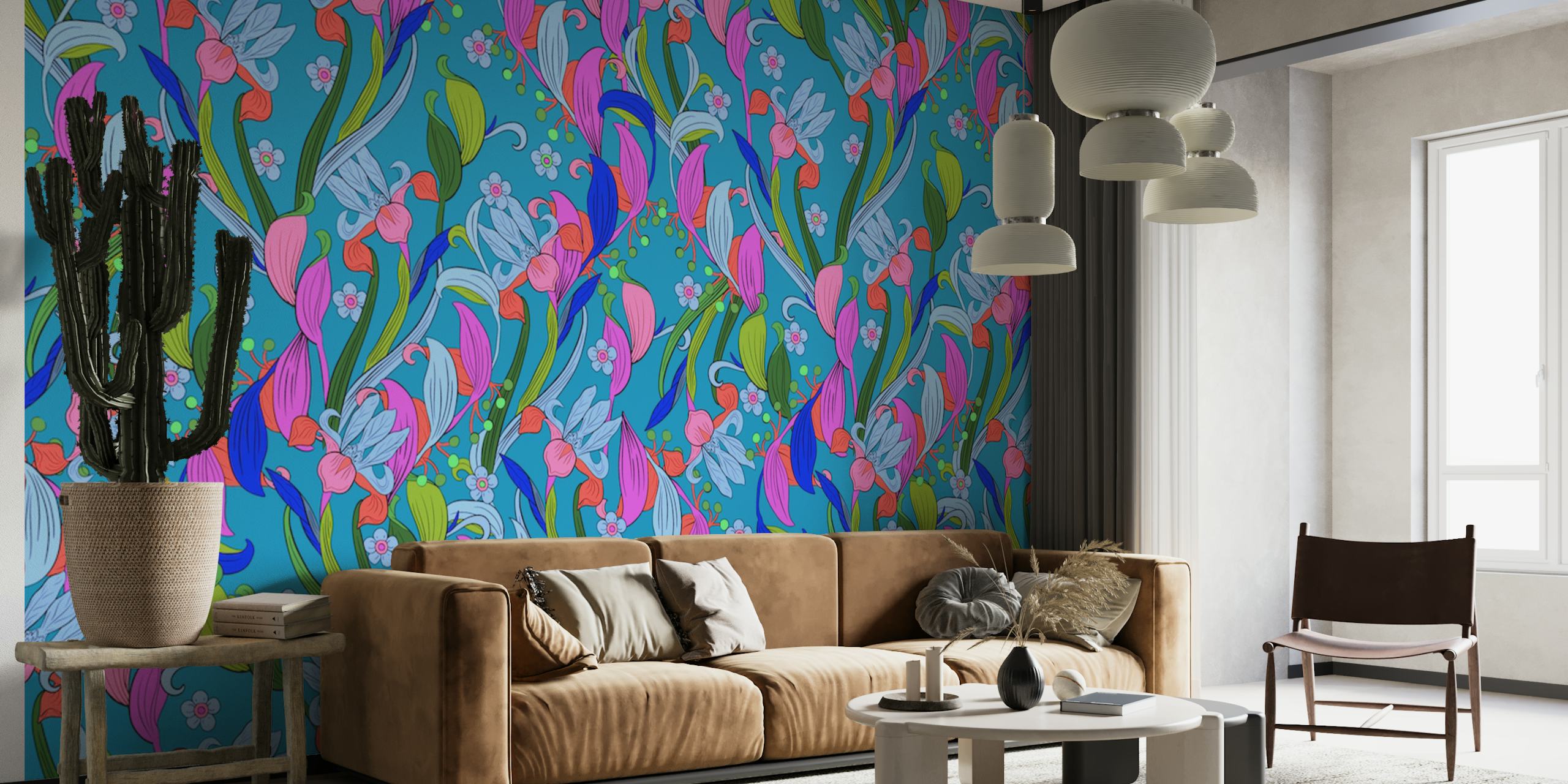 Padrão de flores Art Nouveau com formas botânicas estilizadas em cores vibrantes