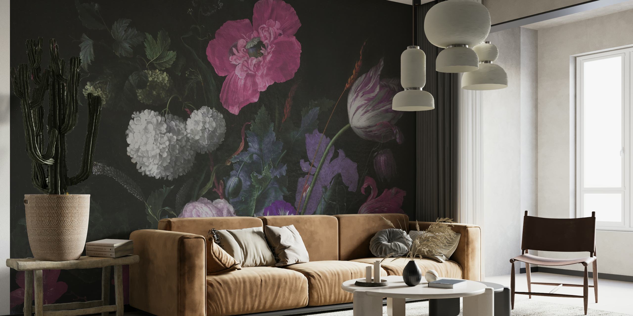 Dark and moody floral wallpaper featuring pink flowers on a black background
