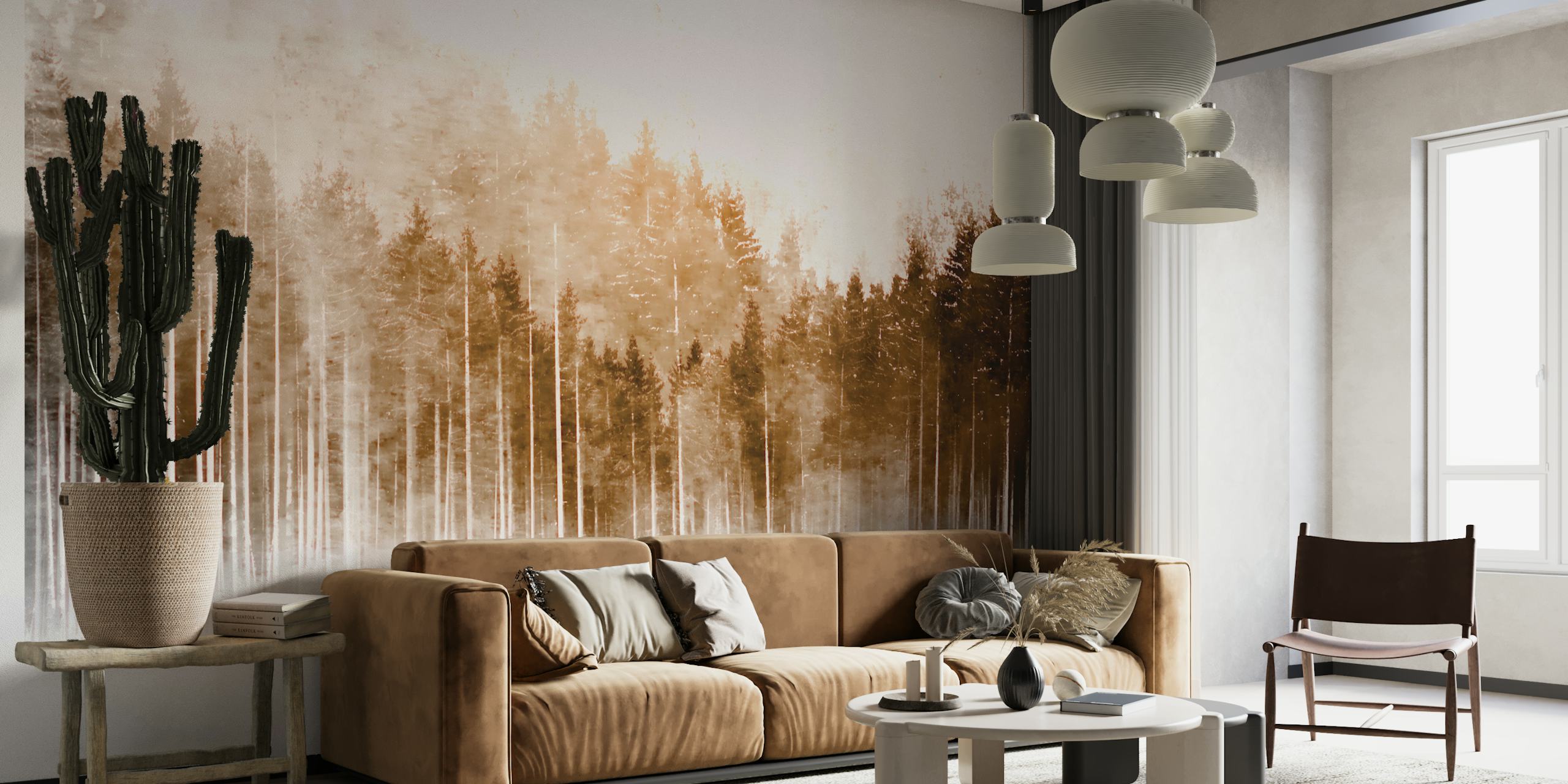 neutral-toned wall mural of misty pine forest creating a tranquil Japanese-inspired atmosphere
